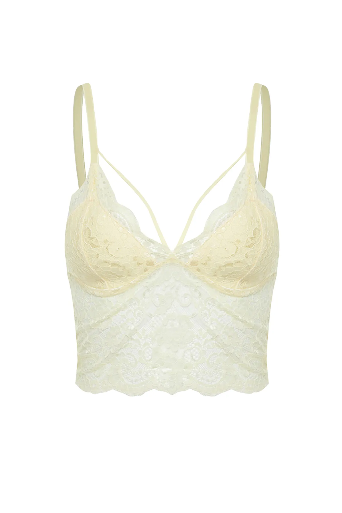 Trendyol Collection  Gelbes gerüschtes, geripptes, detailliertes Strick-Bustier mit Seilriemen, dreieckigem Saum THMAW21SU0050