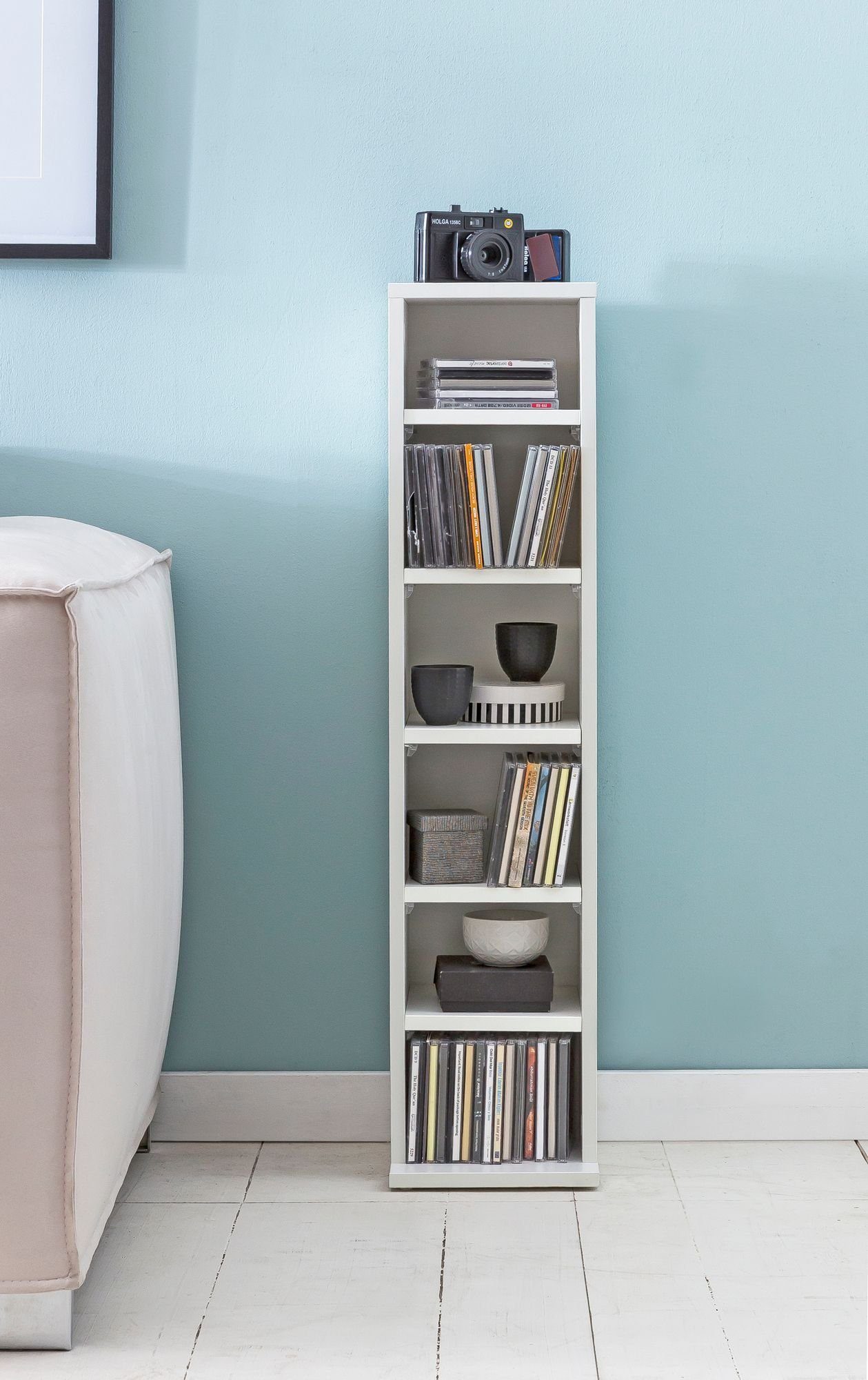 FINEBUY CD-Regal SuVa14550_1, 21x90x20 cm, Offenes Bücherregal Schmal Weiß, CD Aufbewahrung Klein, Nischenregal 6 Fächer