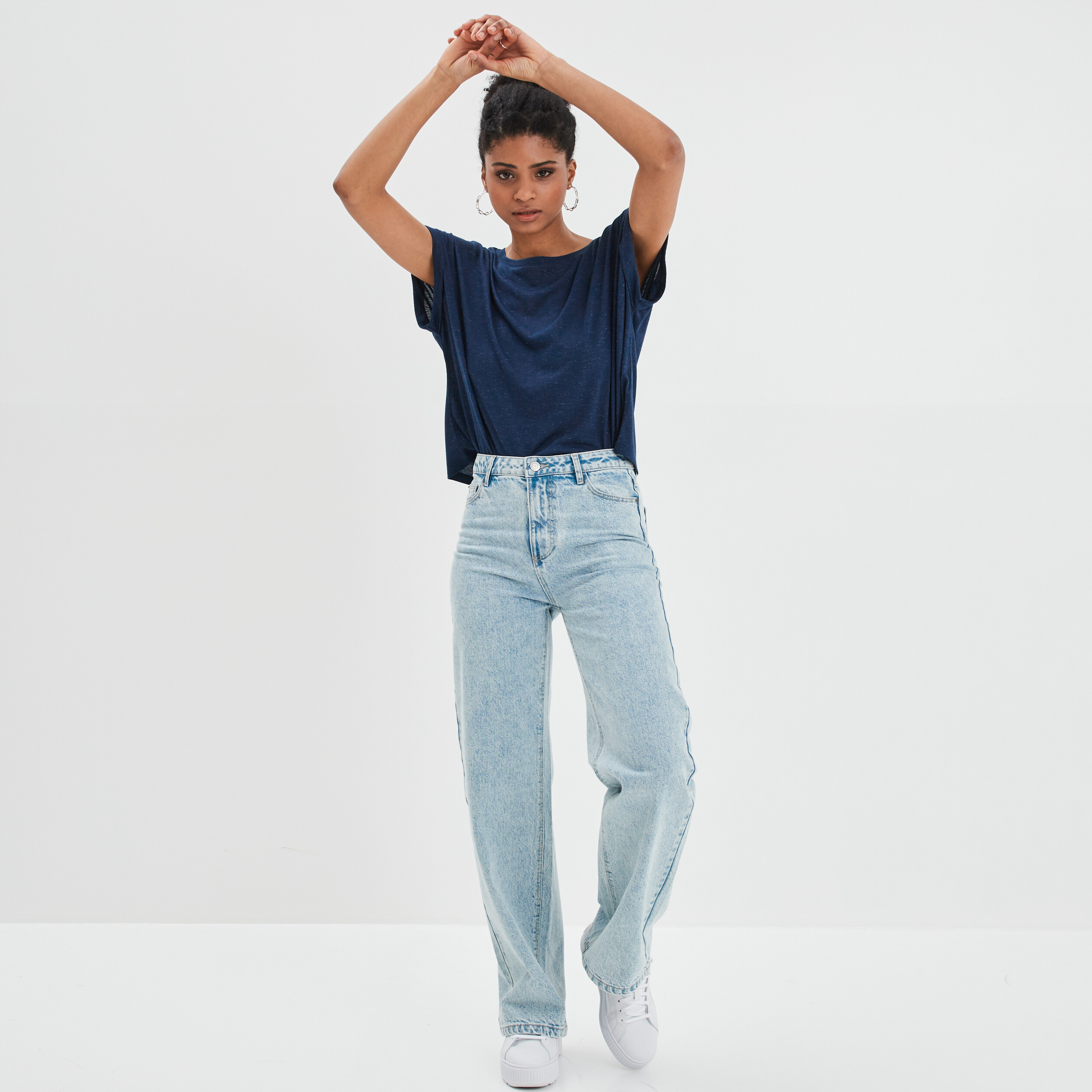 T-shirt manches courtes fils métallisés bleu marine femme | La Halle