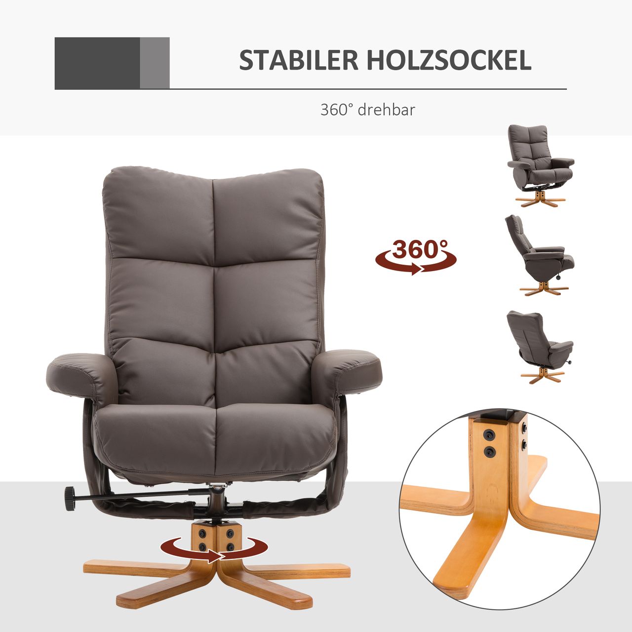 HOMCOM Relaxsessel Fernsehsessel 360° drehbarer Sessel mit Hocker Liegefunktion Holzgestell Braun 80 x 86 x 99cm