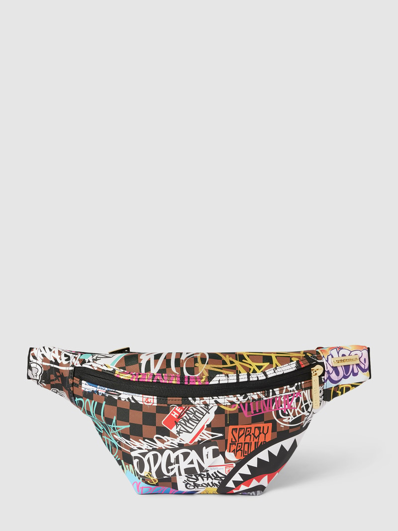 Bauchtasche mit Allover-Print Modell 'TAGGED UP' in mittelbraun