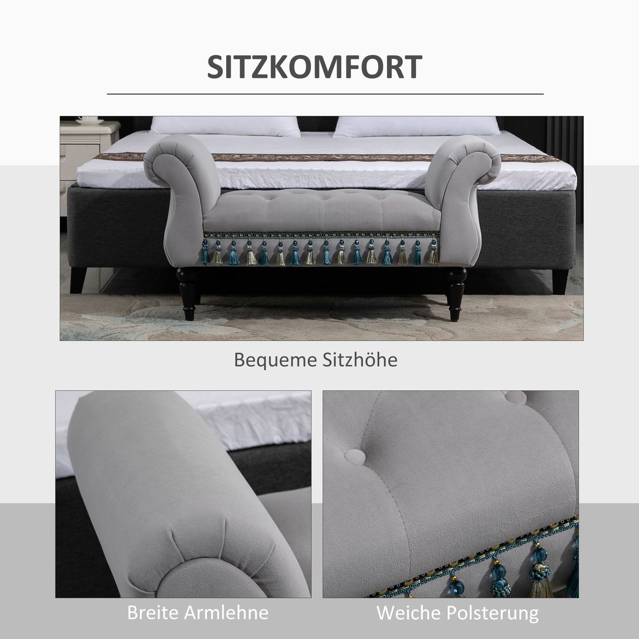 HOMCOM Luxus Sitzbank Polsterbank Hockerbank Schaumstoff Grau 117 x 40 x 58 cm