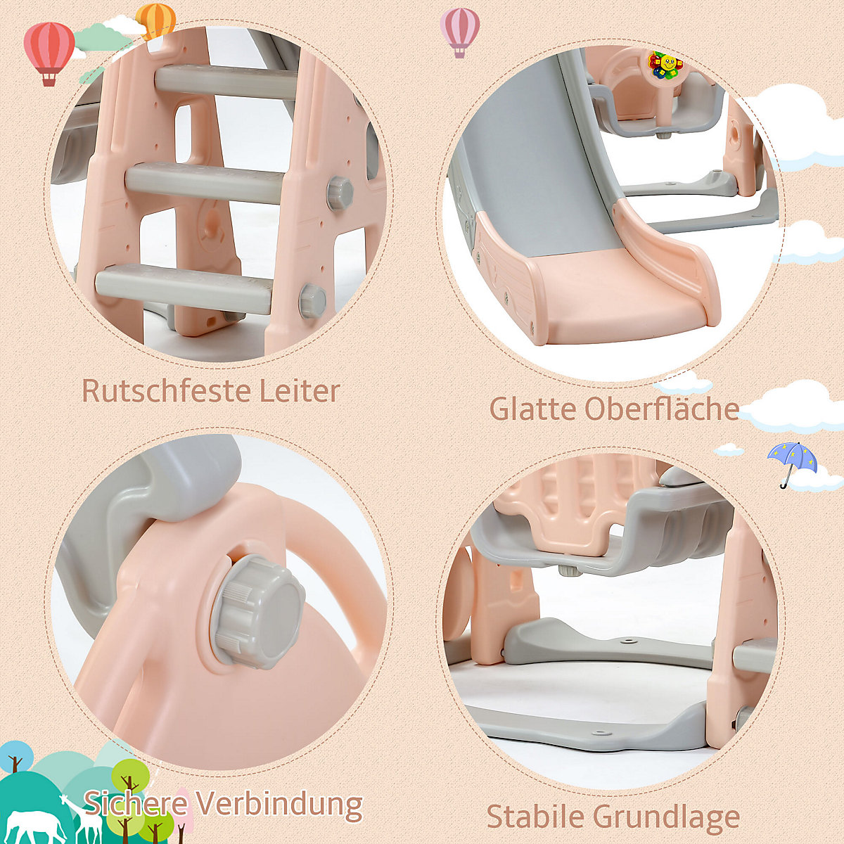 Rutsche mit Schaukeln, Basketballkorb und Fußballtor