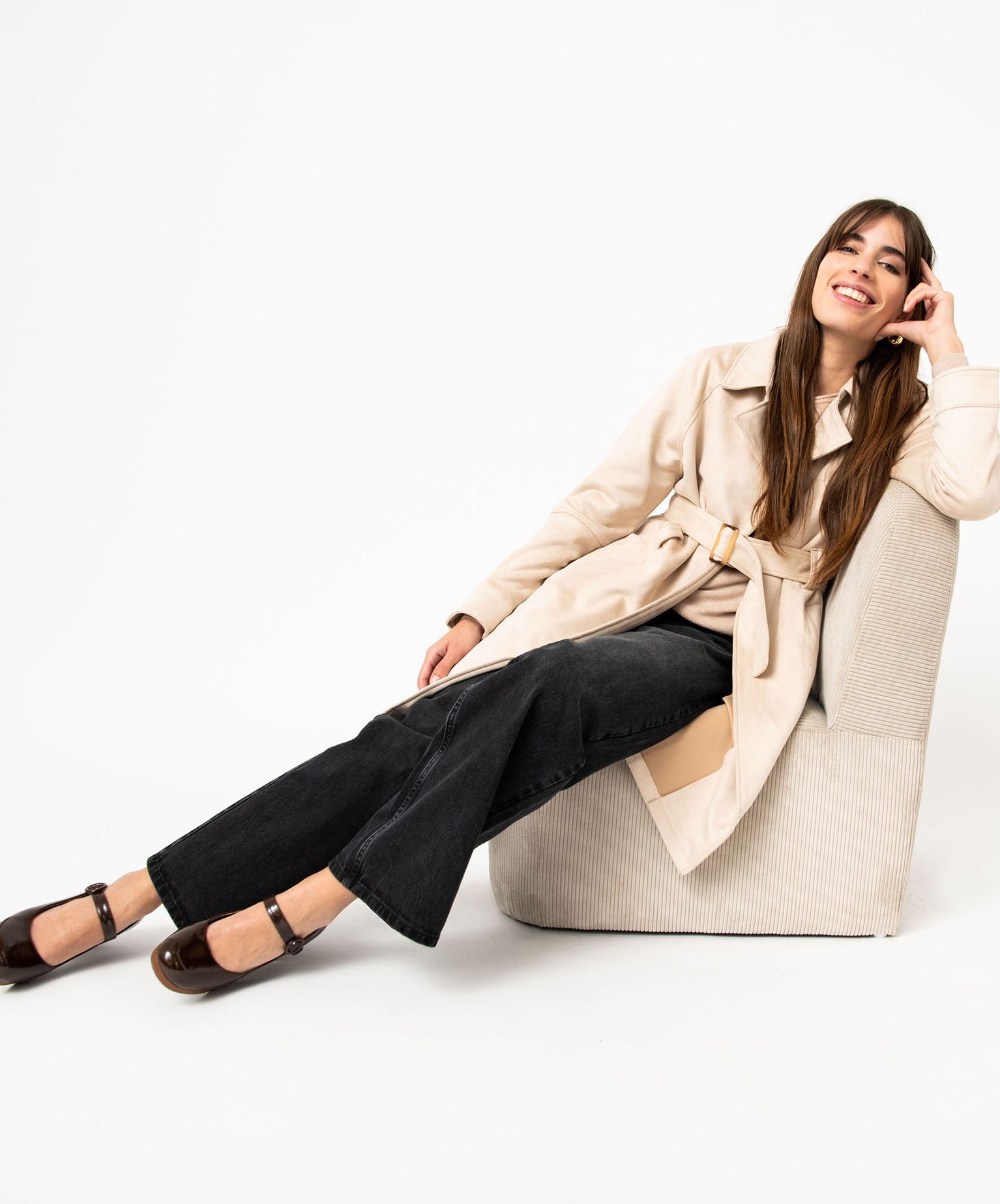 Manteau trench en suédine avec ceinture femme beige | GEMO