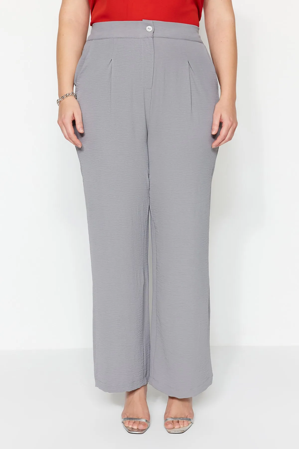 Trendyol Curve  Grau melierte, hoch taillierte, plissierte Webhose TBBSS22PL0448