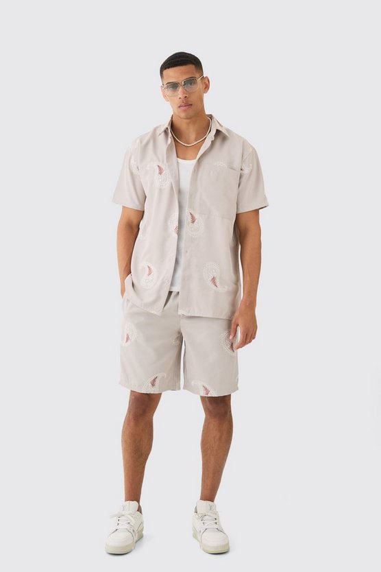 Oversize Twill-Hemd und Shorts mit Paisley-Stickerei