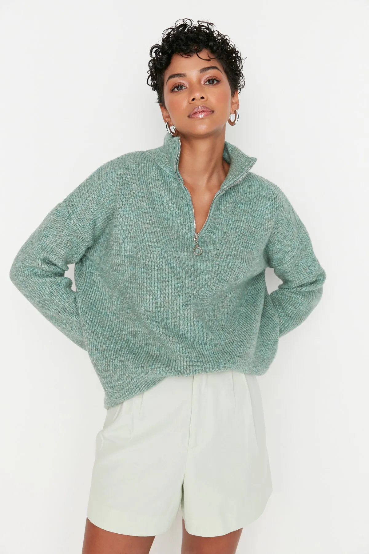 Trendyol Collection  Mintfarbener, weicher Strickpullover mit Reißverschluss TWOAW20XS0009