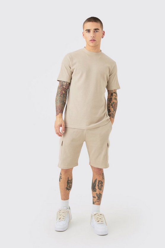 Slim-Fit T-Shirt & Cargo-Shorts in Waffeloptik