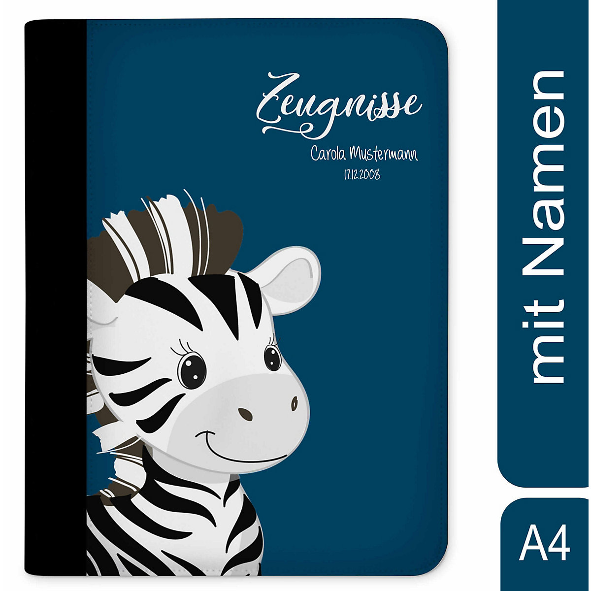 Zeugnismappe / Dokumentemappe mit Name personalisiert Zebra Blau