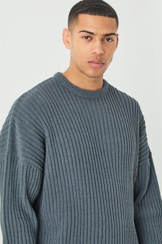 Gerippter Oversize Rundhals-Pullover