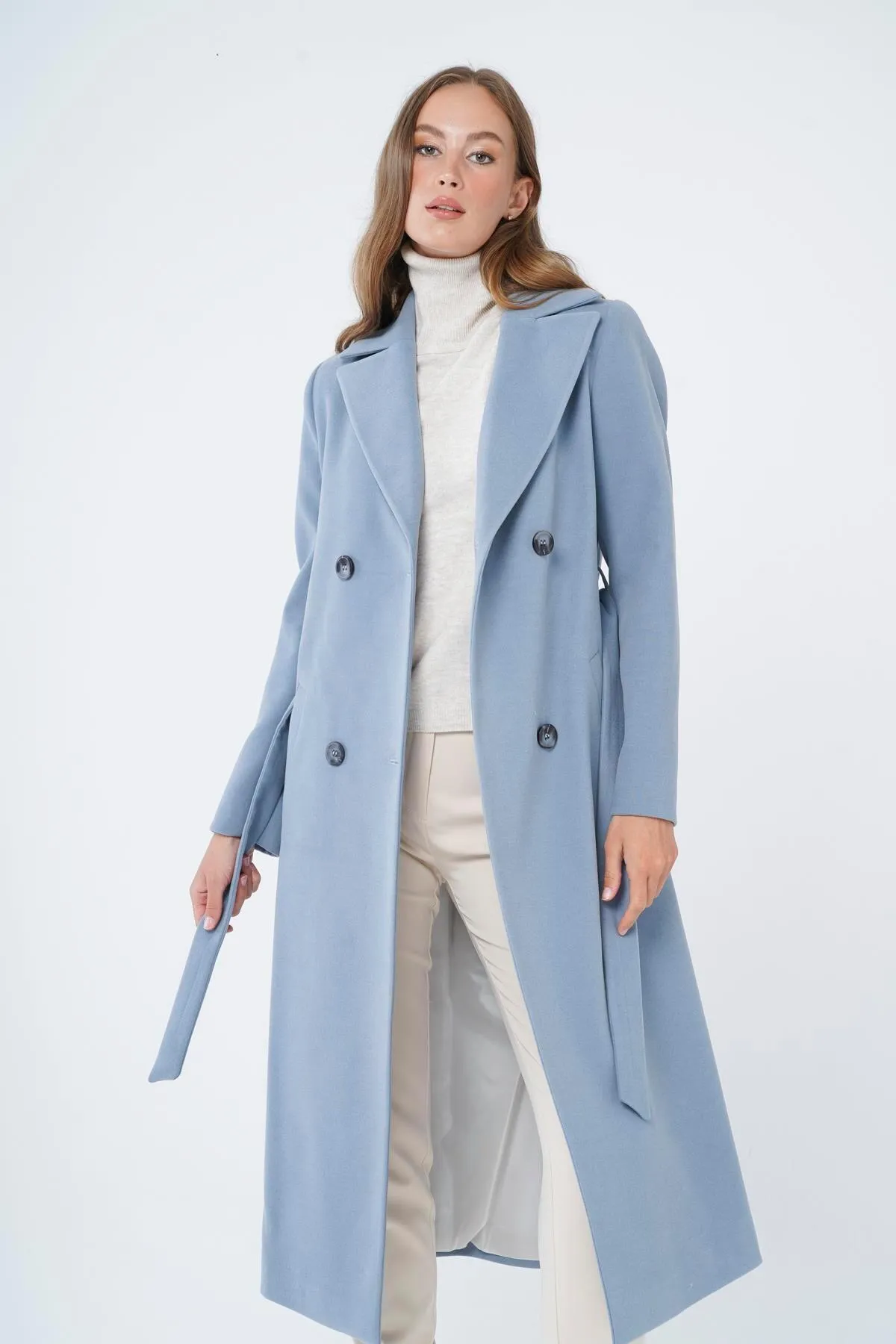 Concept.  Zweireihiger, an der Taille gebundener, mittellanger Mantel, Blau 3754
