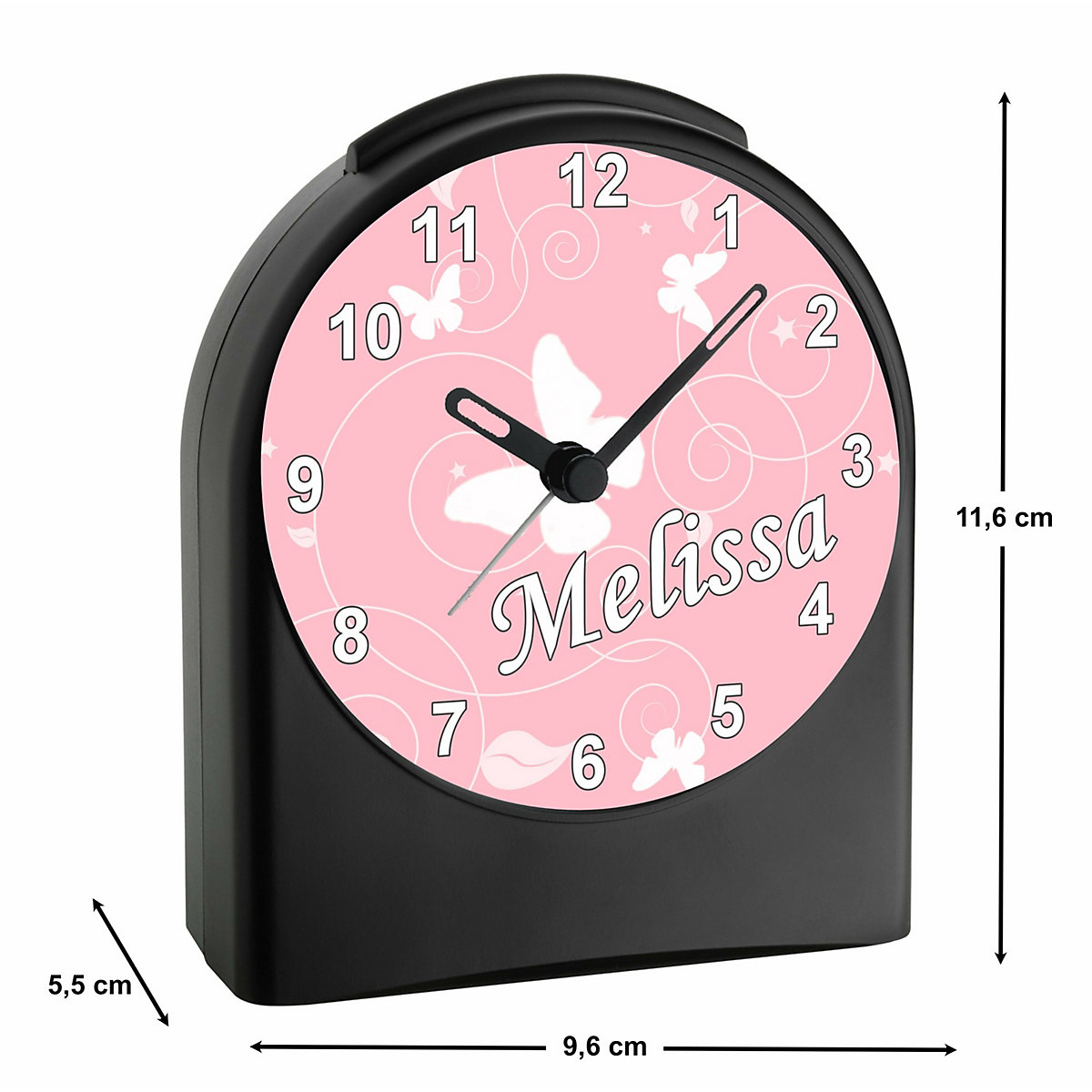 Kinder Funkwecker personalisiert mit Namen Schmetterling Ornamente Atom-/Funkuhr, 12-Stunden-Anzeigeformat, Schlummerfunktion, Nachtlicht, Geräuschlos/Ohne Ticken
