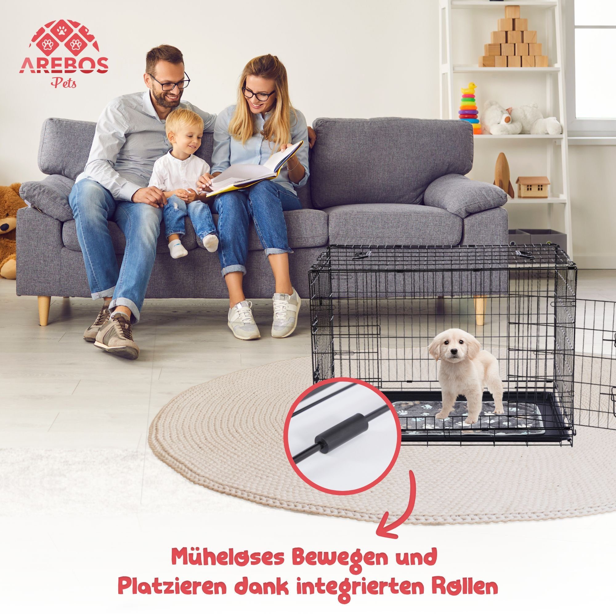 Arebos Hunde-Transportbox Hundekäfig Haustierkäfig Gitterbox klappbar S-M-L-XL bis 11,00 kg, Kuscheldecke