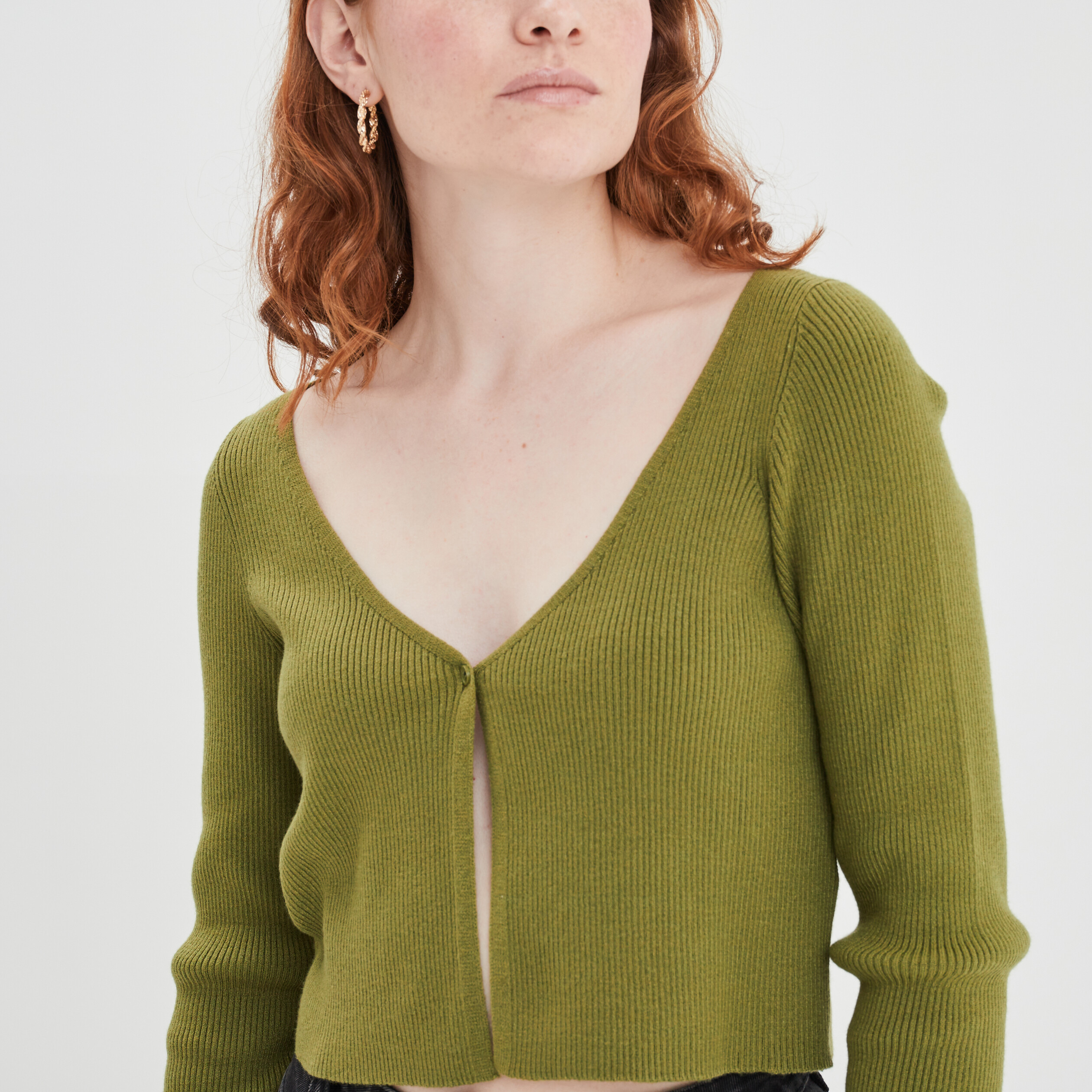 Gilet court manches longues col en V vert femme | La Halle