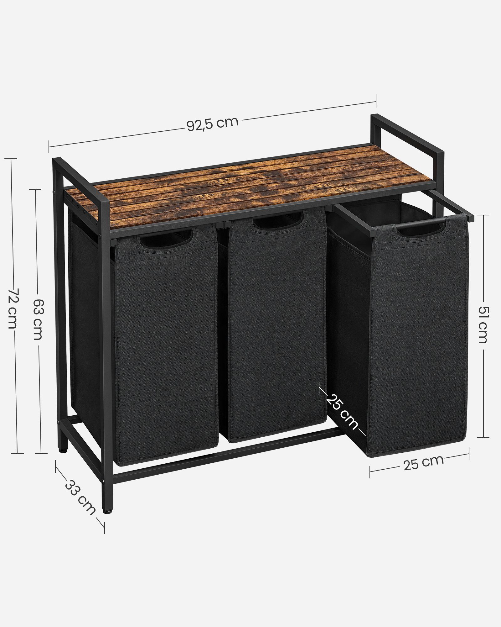 VASAGLE Wäschekorb, 3 Fächer, mit Ablage, ausziehbar und abnehmbar, 3 x 38 L