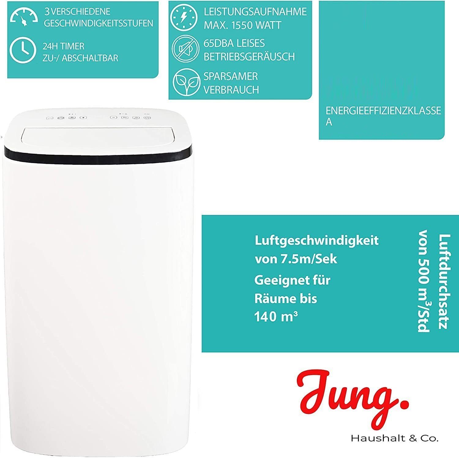 JUNG 3-in-1-Klimagerät TV07 mobile Klimaanlage mit Fernbedienung 4,1 KW, mobiles Klimagerät, 14000BTU leise, Abluftschlauch, Timer Airconditioner Luftkühler Mobil