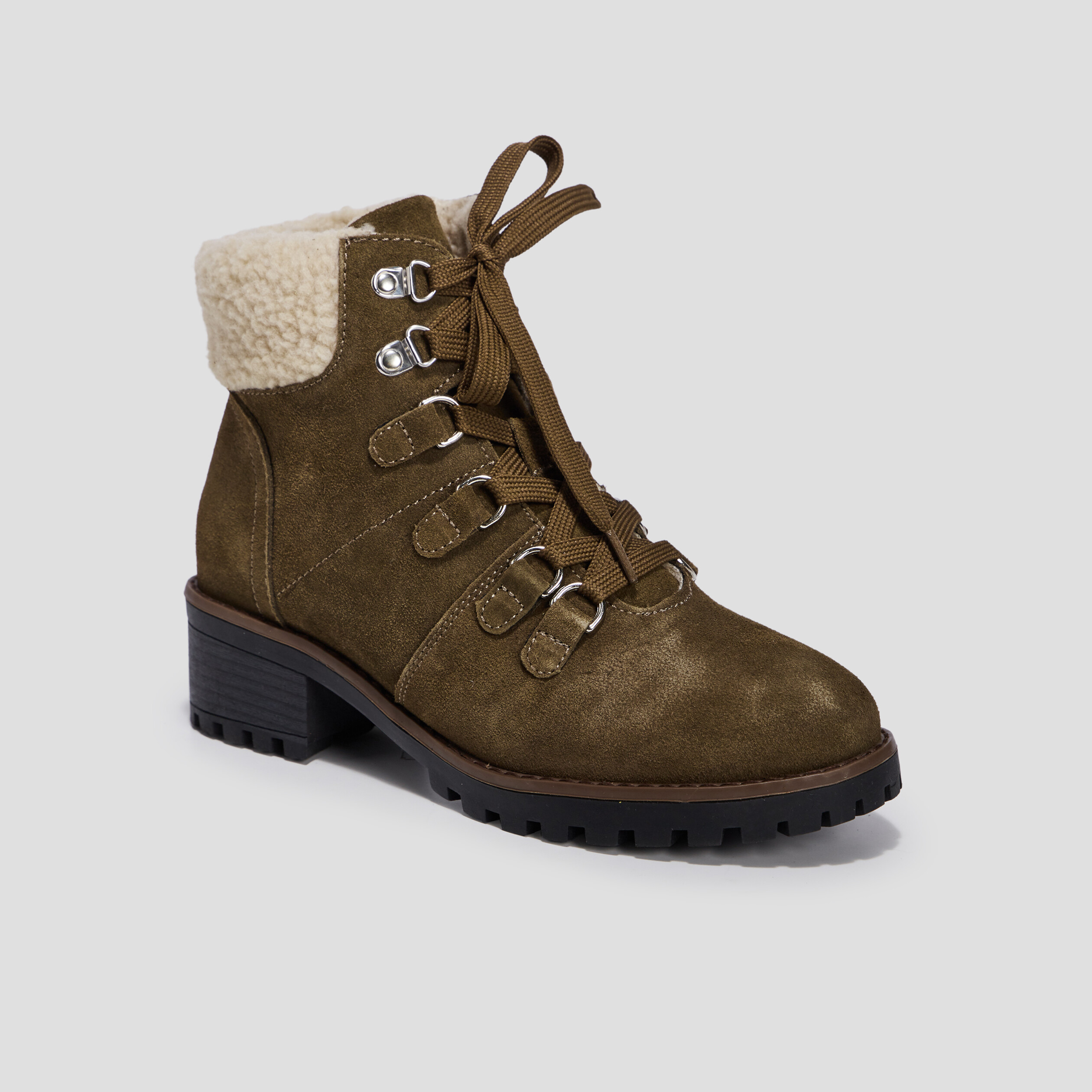 Bottines à talons empiècement molletonné vert kaki femme | La Halle