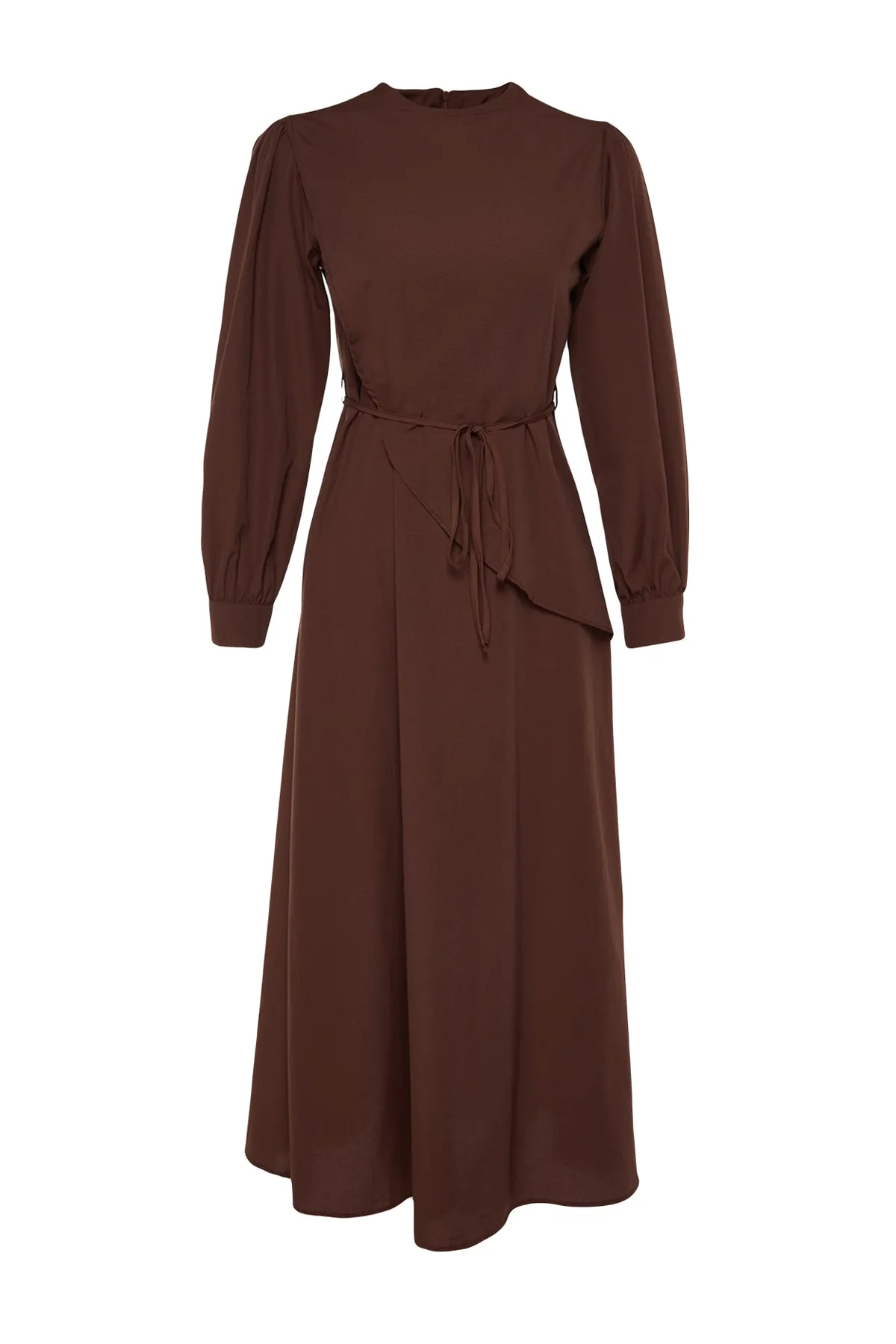 Trendyol Modest  Braunes Kleid aus gewebter Baumwolle mit Schlitz und Gürtel vorne TCTSS23EB00360