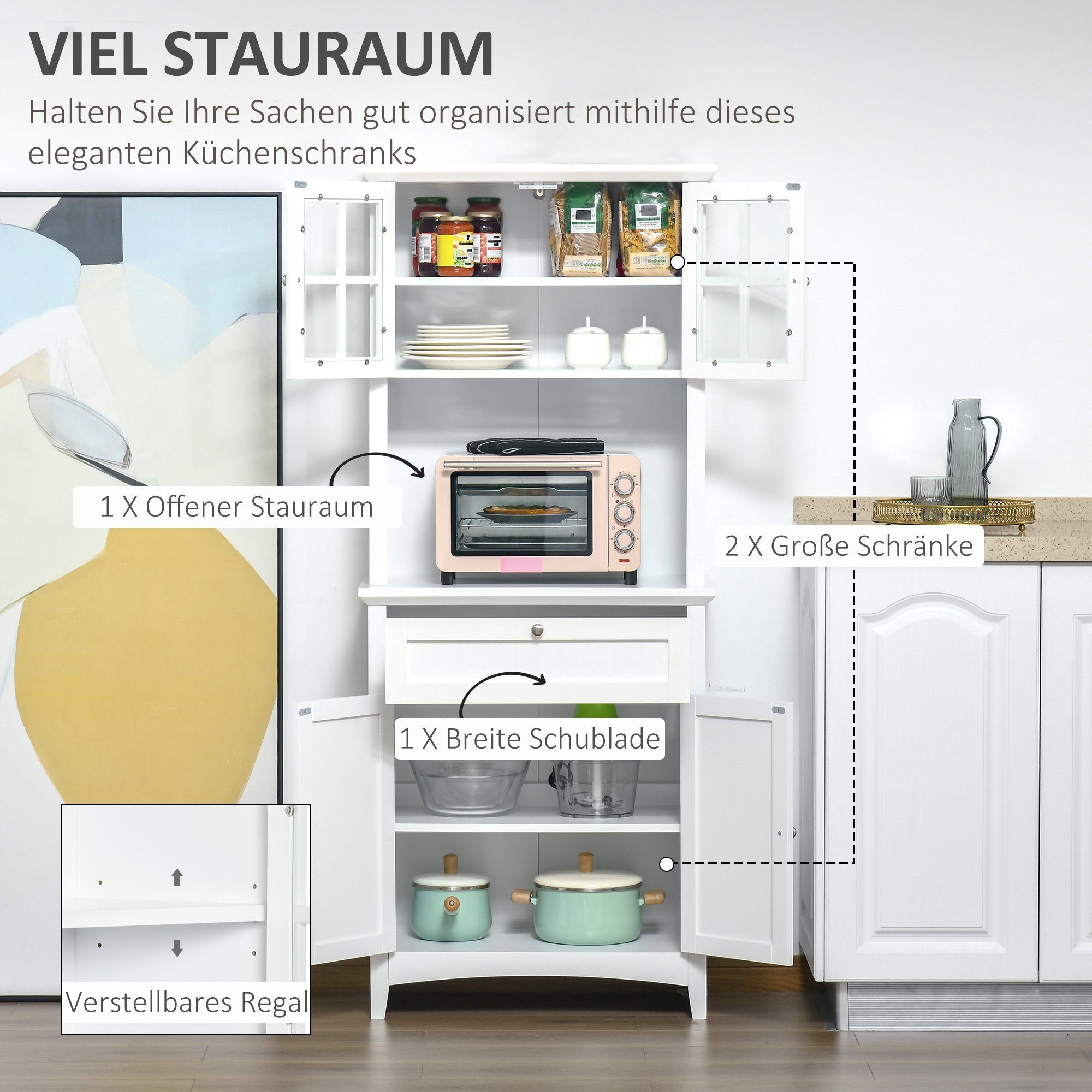 HOMCOM Küchenbuffet Kitchen Cabinet (Set, 1-St., 1 Küchenschrank) Sideboard Vitrinenschrank mit Schublade MDF, 68,6B x 40T x 164H cm