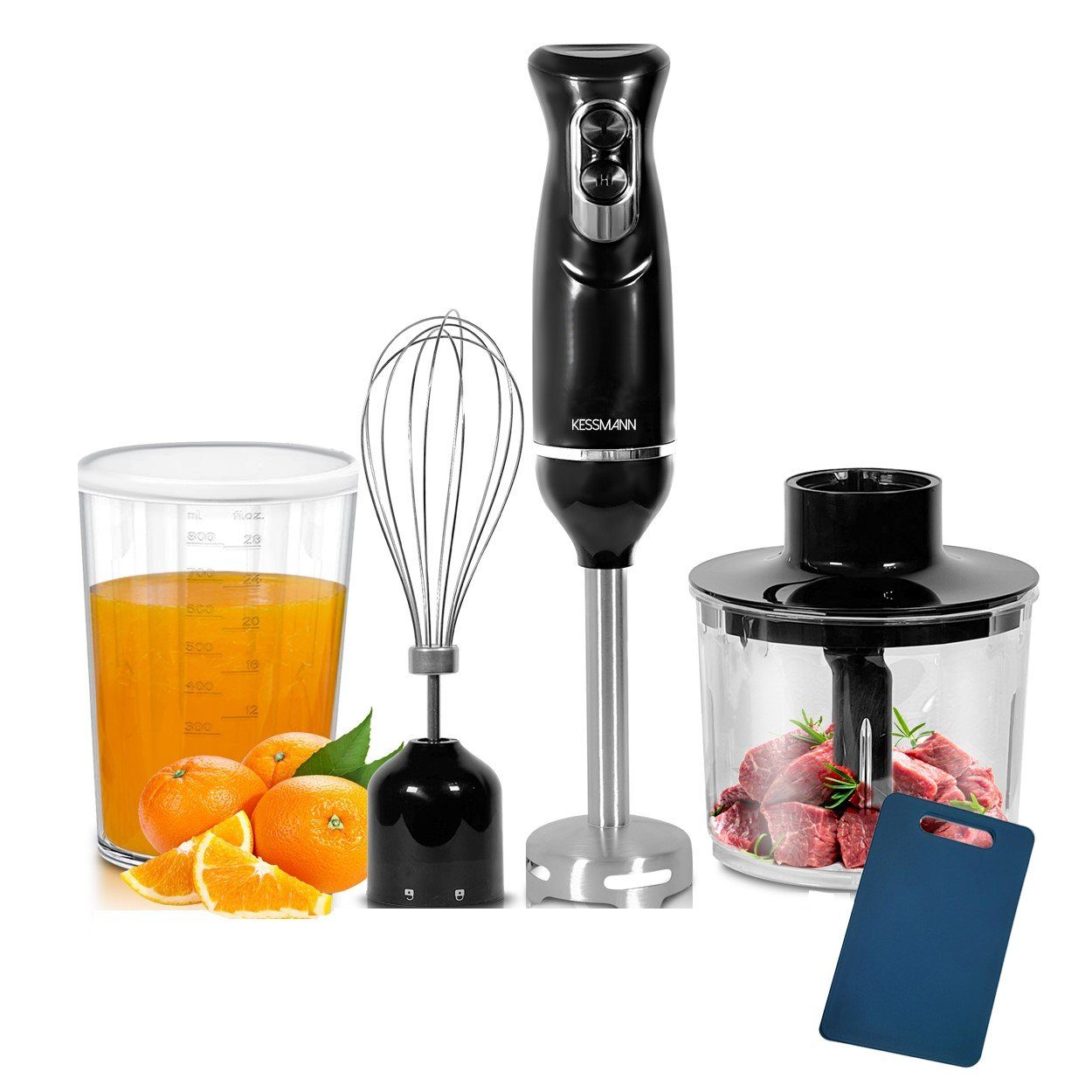 KESSMANN Schäfer Stabmixer Set mit Pürierbecher Zerkleinerer & Schneebeesen 5Tlg Edelstahl Mixer, 600,00 W, Elektrischer Smoothie Maker Handmixer Rührstab Milchshake Blender