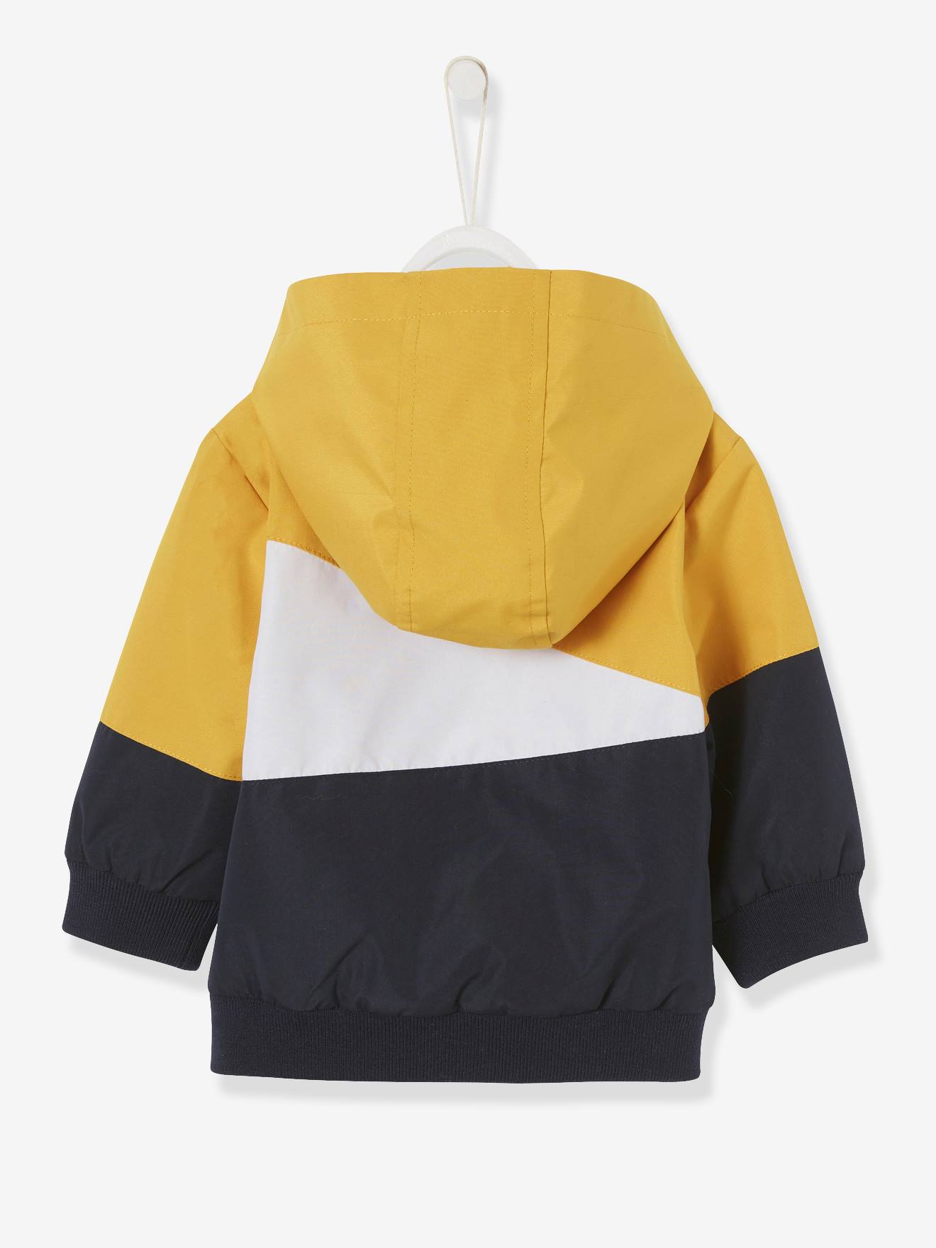 Vertbaudet Jungen Baby Jacke mit Kapuze, dreifarbig - gelb/weiß/nachtblau