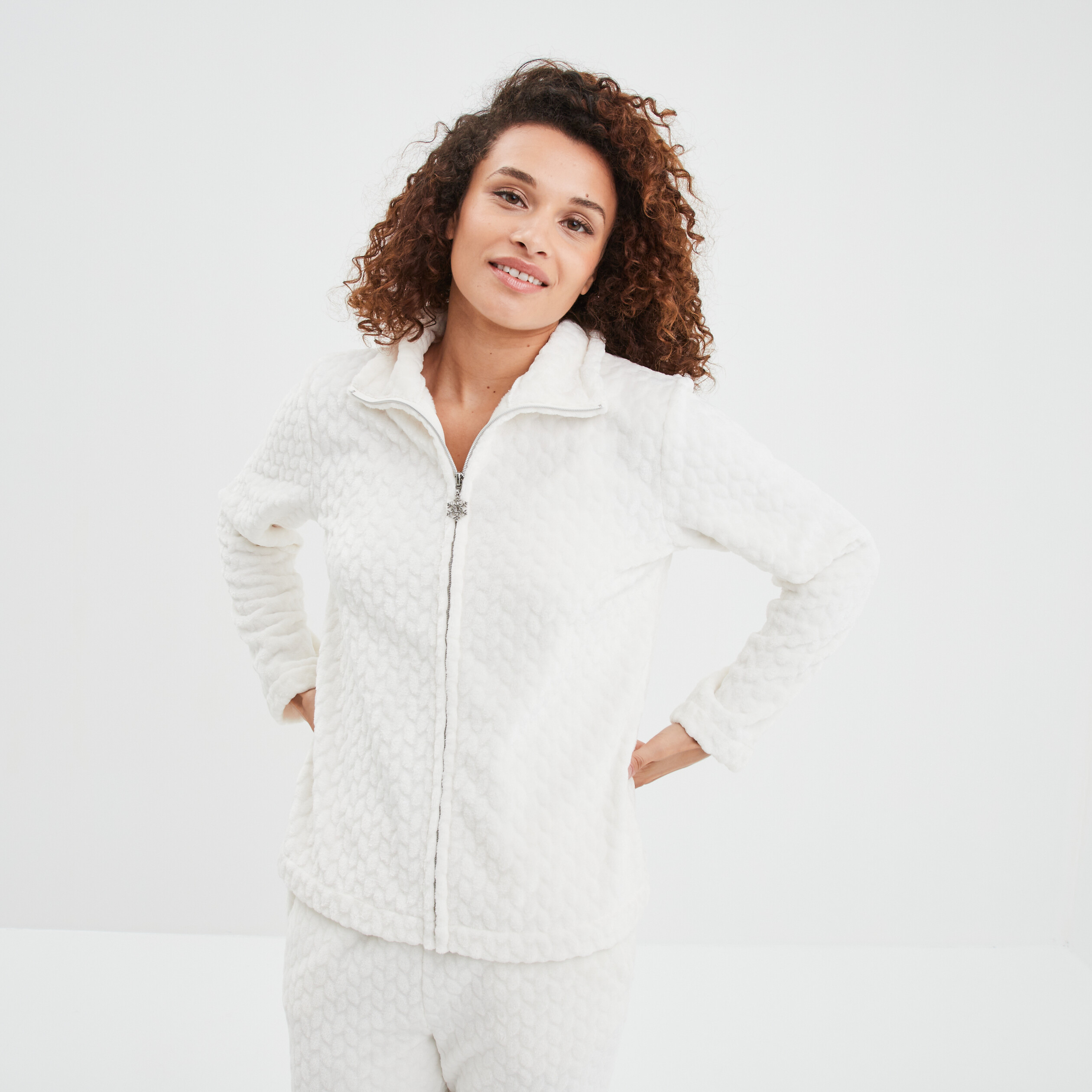 Veste pyjama pilou zippée col montant blanc femme | La Halle