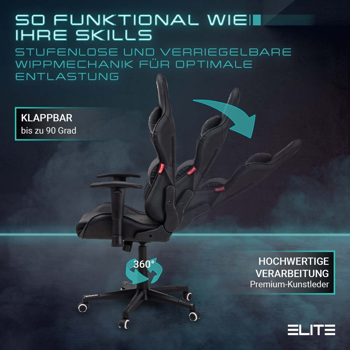 ELITE Gaming Gaming-Stuhl Ergonomischer Bürostuhl Destiny inkl. Rücken- & Nackenkissen (Drehstuhl mit 2D-Armstützen, verriegelbare Wippmechanik, mechanische Härtegradeinstellung, verstellbare Sitzhöhe, 90° klappbare Rückenlehne, Sicherheits-Doppelrol