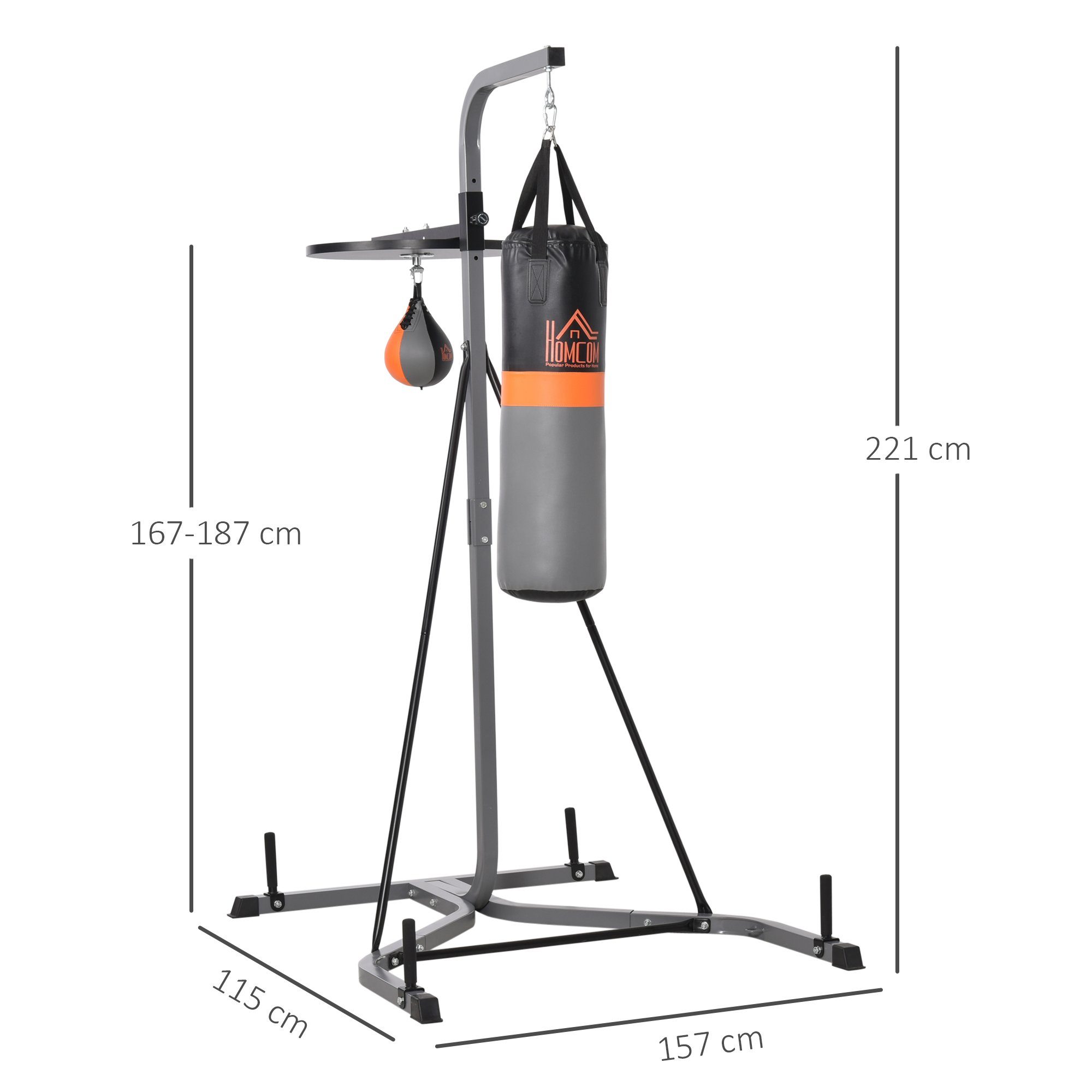 HOMCOM Boxsackständer Boxsack und Punchingball freistehende Boxstation Boxsackhalterung, (Set, 1-tlg., Boxsackhalterung Punchingball Stand bis 100 kg Tragkraft, 115L x 157B x 221H cm)