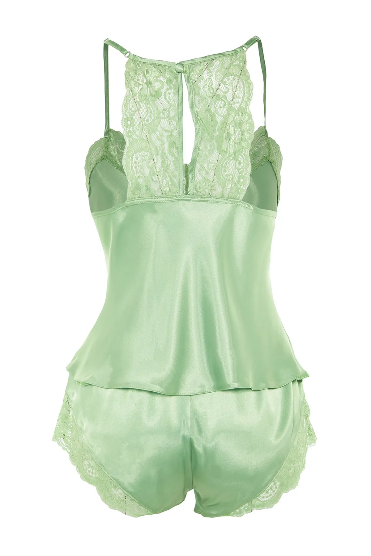 Trendyol Collection  Grünes Pyjama-Set aus gewebtem Satin mit Spitzendetails und Seilträgern THMSS22PT0269