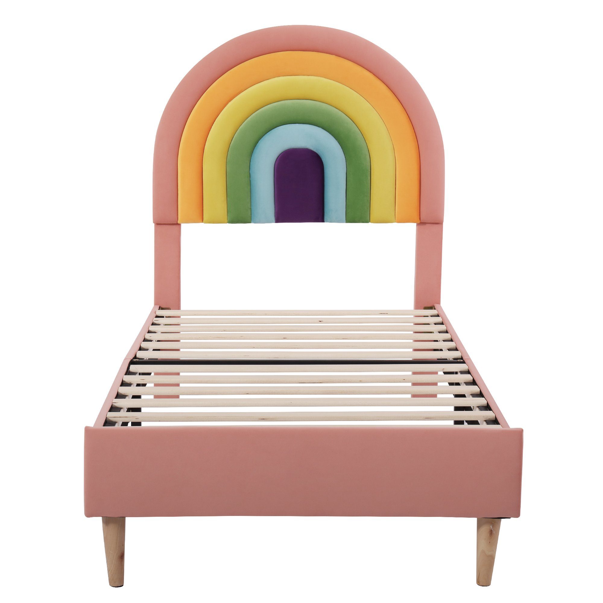 Flieks Polsterbett, Kinderbett mit verstellbarem Regenbogen-Kopfteil 90x200cm Samt