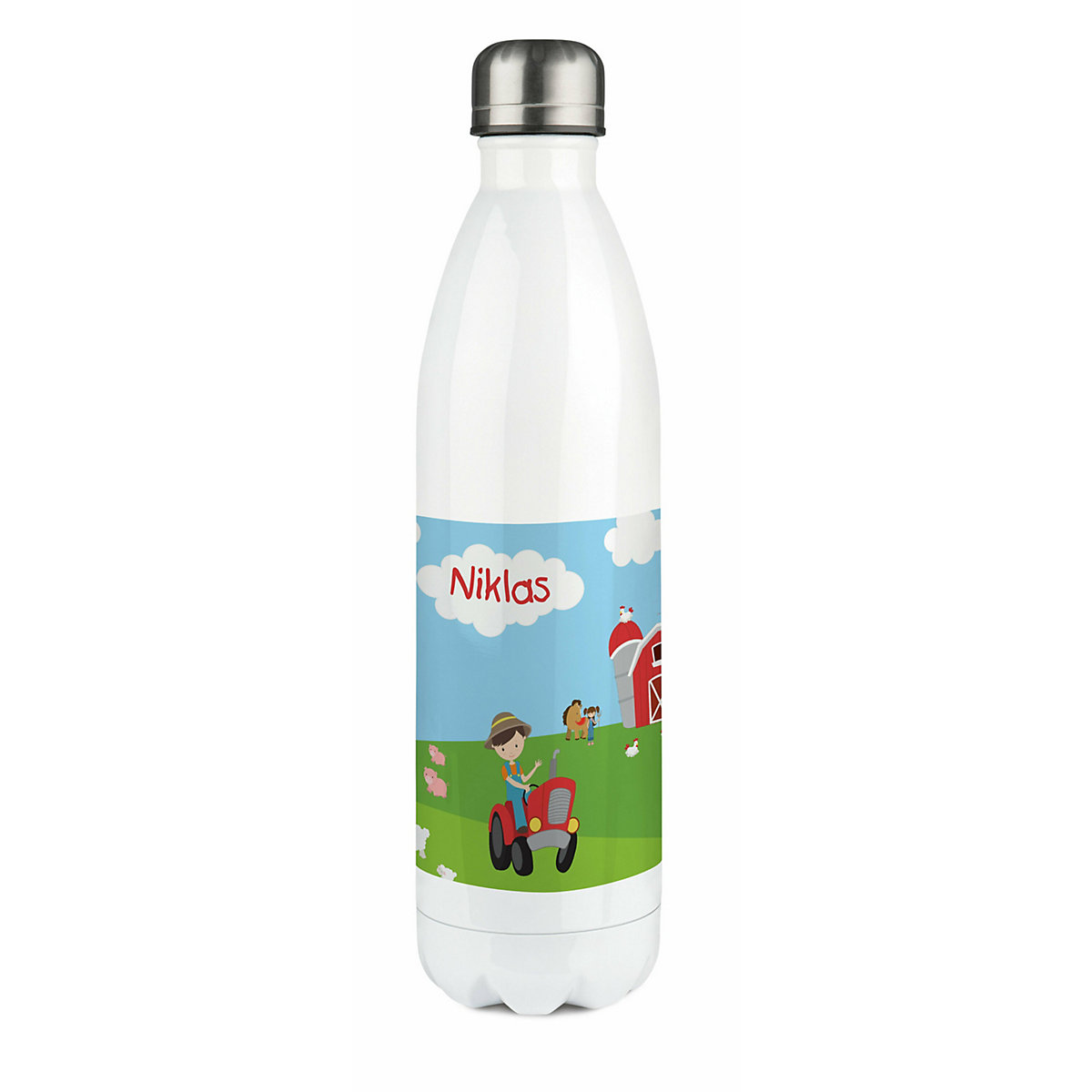 Edelstahl Kinder Thermoflasche / Trinkflasche bunt Bauernhof Spülmaschinenfest, Auslaufsicher, Bruchfest, Doppelwandig, Für Heißgetränke geeignet, Mit Deckel, Isoliert