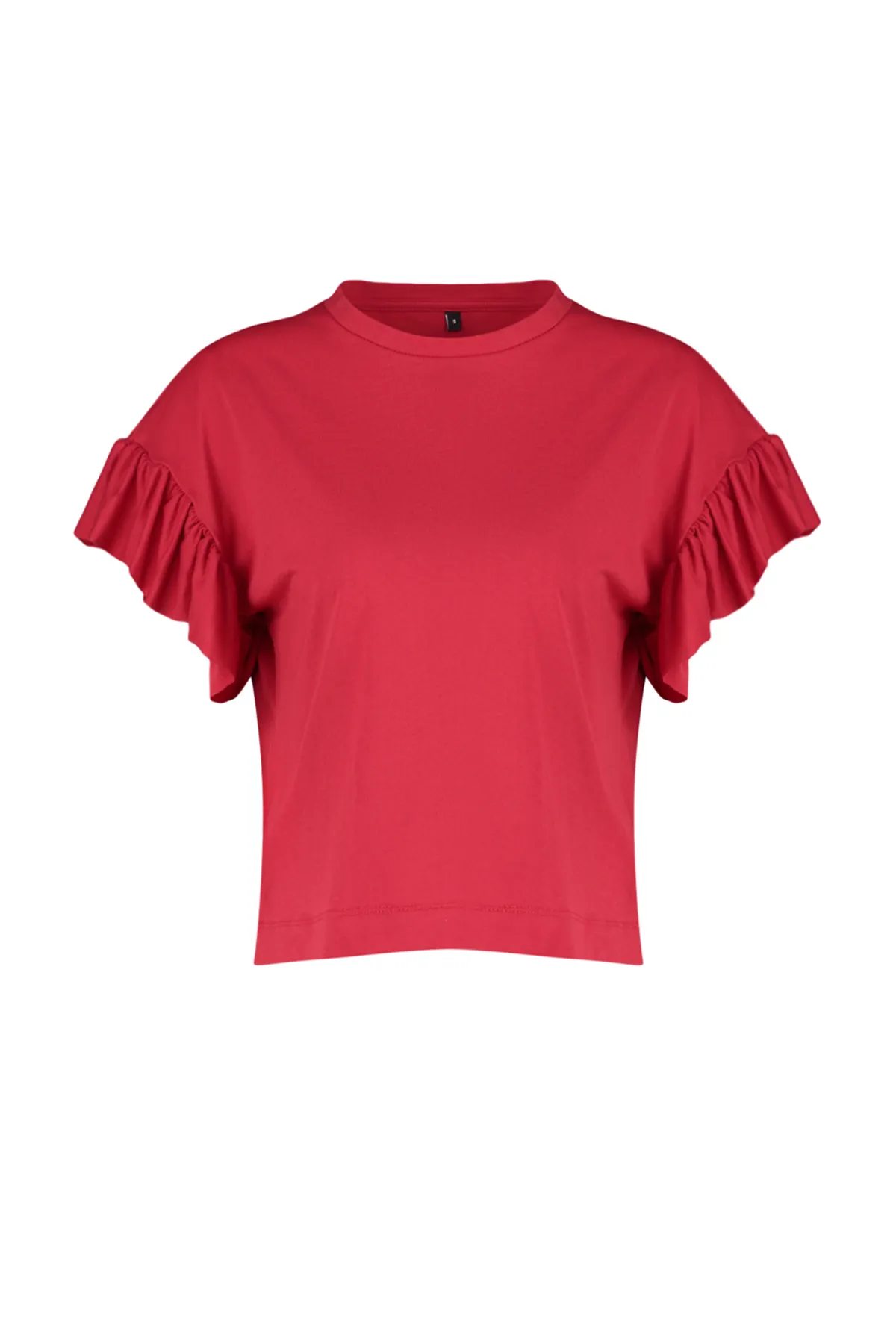 Trendyol Collection  Rotes Basic-Strick-T-Shirt mit Rundhalsausschnitt aus 100 % Baumwolle mit Rüschen und Details TWOSS22TS2429