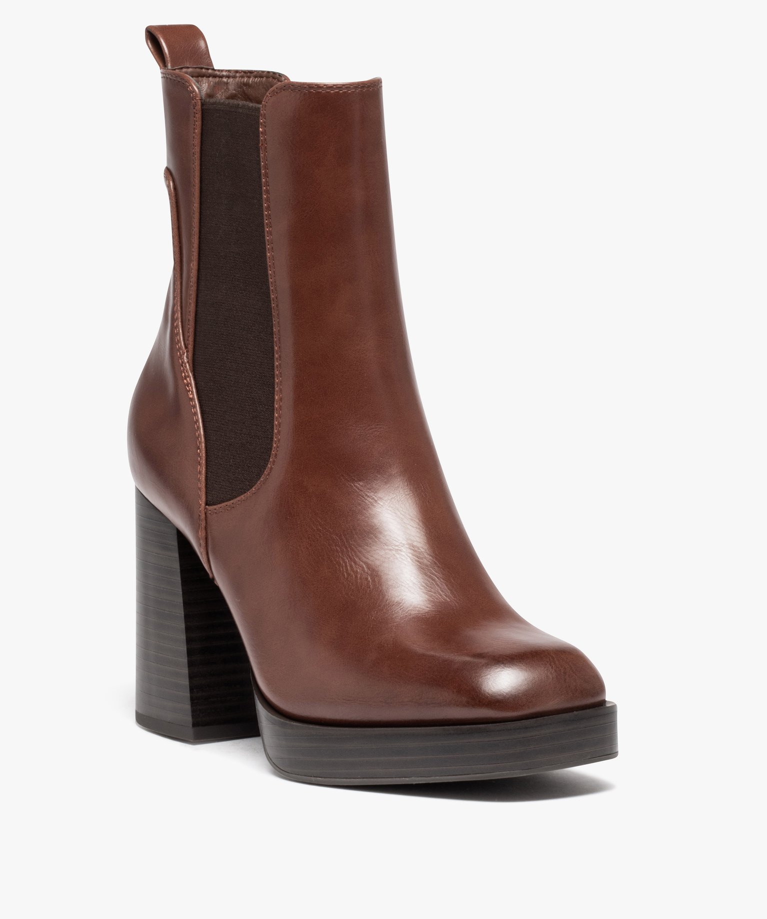Boots femme unies à talon haut avec bout carré marron | GEMO