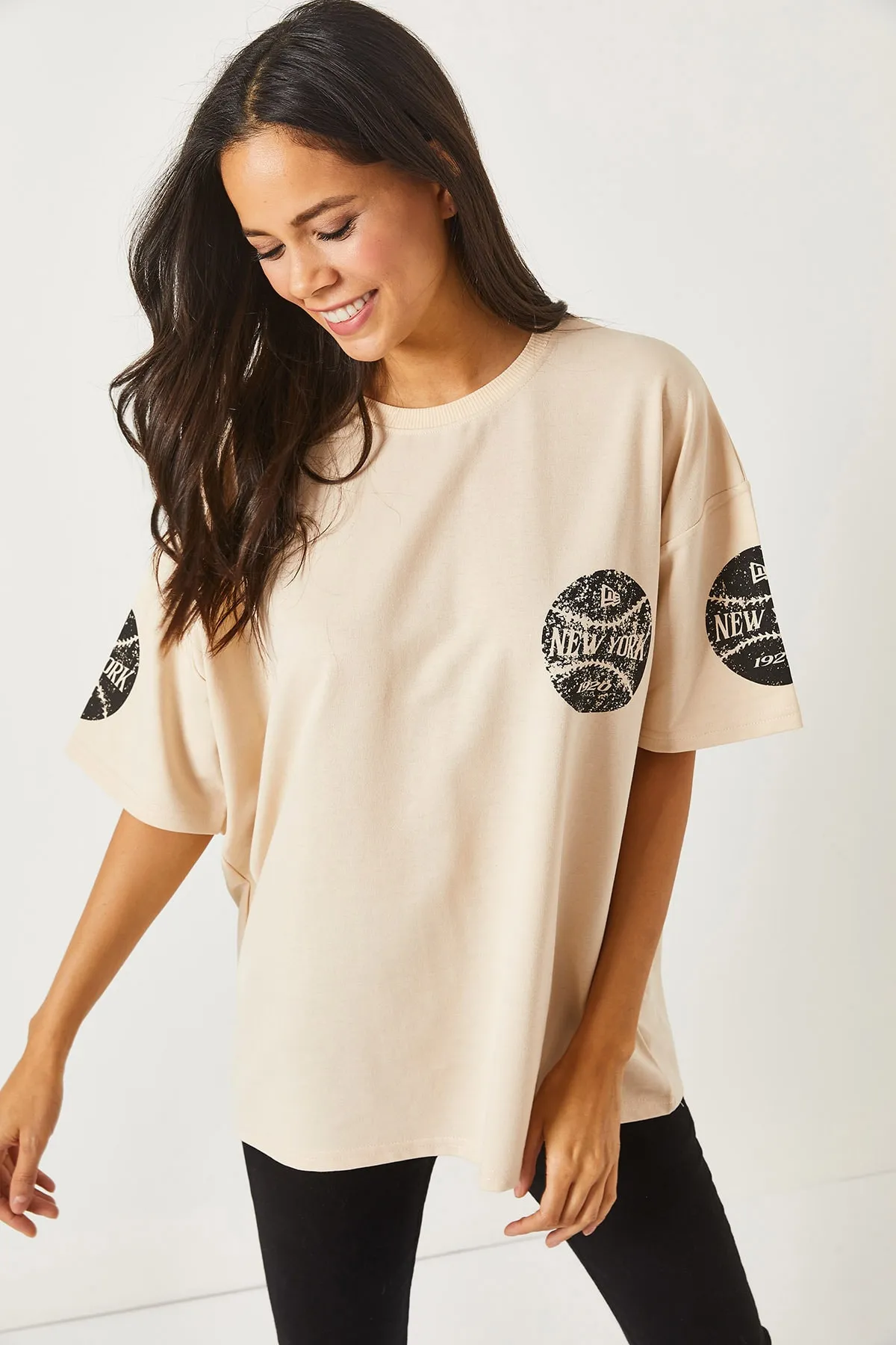 Olalook  Newyork Beige vorne und hinten bedrucktes 2-Faden-Unisex-Oversize-T-Shirt TSH-19000696
