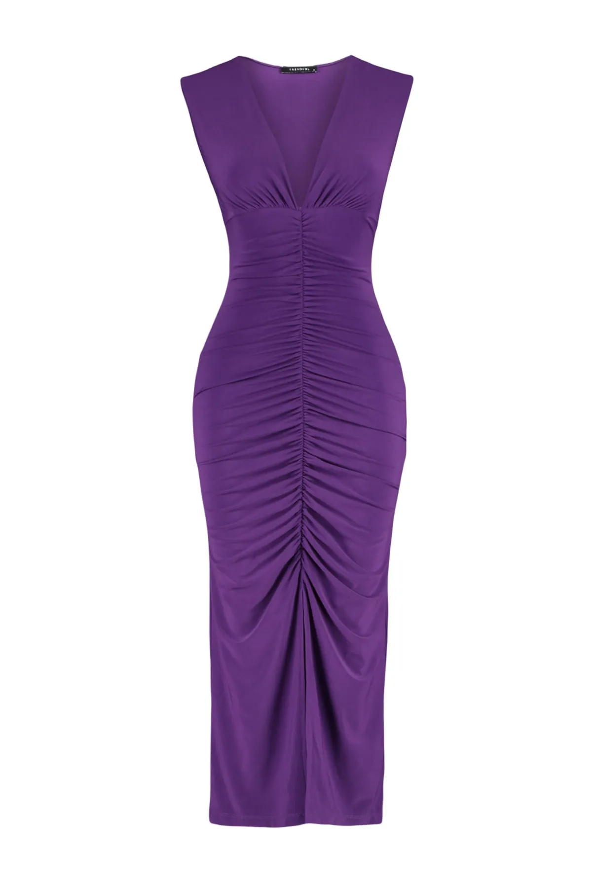 Trendyol Collection  Lila figurbetontes Midi-Bleistiftkleid aus flexiblem Strick mit Raffung TWOSS23EL00751