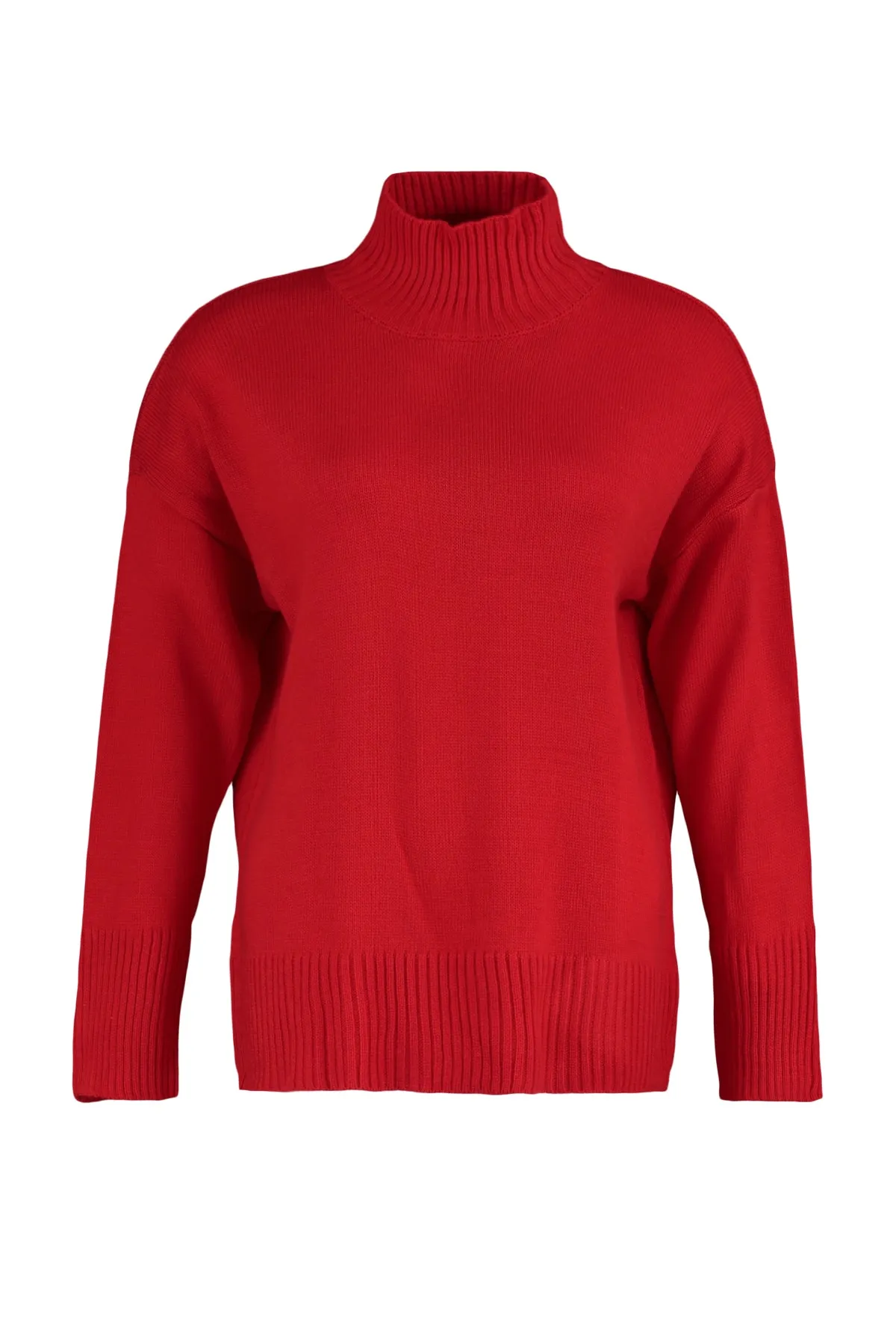 Trendyol Curve  Roter schulterfreier Strickpullover mit Rollkragen