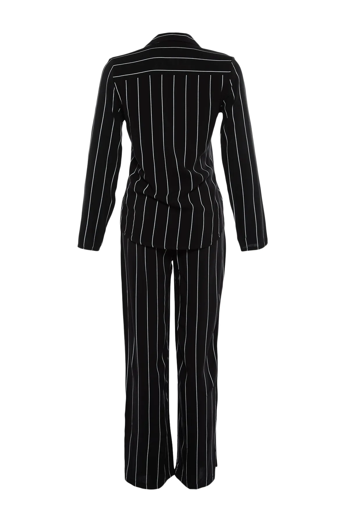 Trendyol Collection  Schwarzes Pyjama-Set aus gewebtem Viskose-Hemd und -Hose mit Streifen und Schlitzdetail THMAW23PT00158