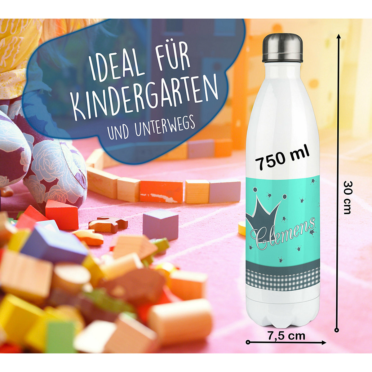 Edelstahl Kinder Thermoflasche / Trinkflasche bunt Krone Farbe türkis grau Spülmaschinenfest, Auslaufsicher, Bruchfest, Doppelwandig, Für Heißgetränke geeignet, Mit Deckel, Isoliert