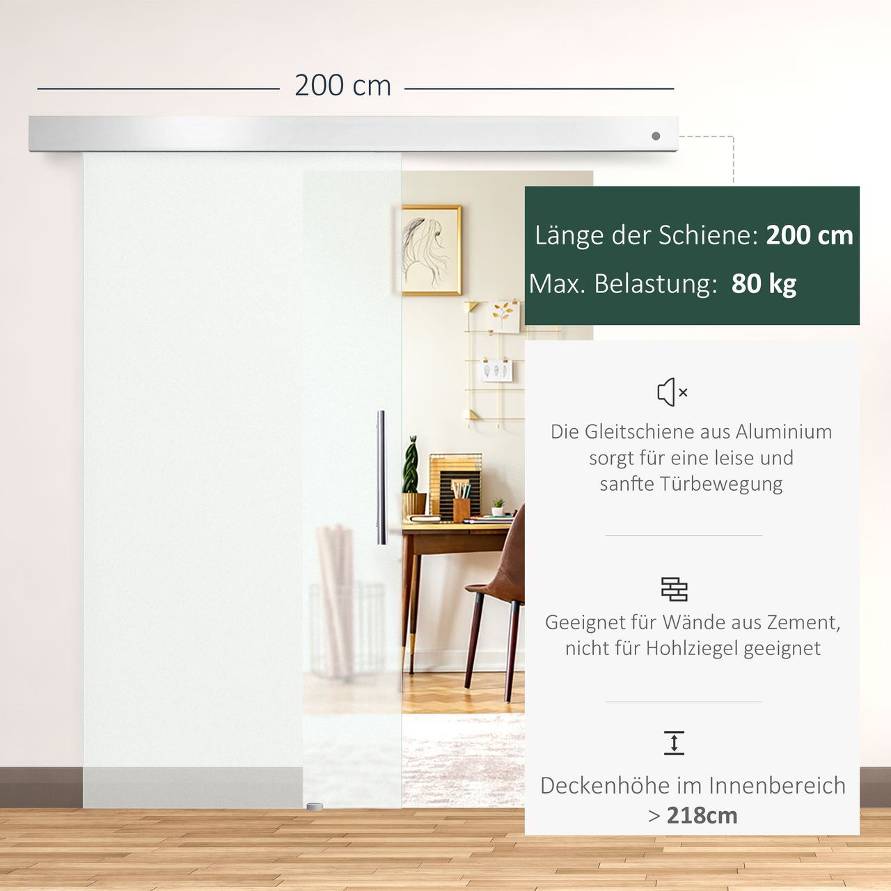 HOMCOM Glasschiebetür Schiebetür Tür Zimmertür mit Griffstange einseitig satiniert 2050x 1025 mm