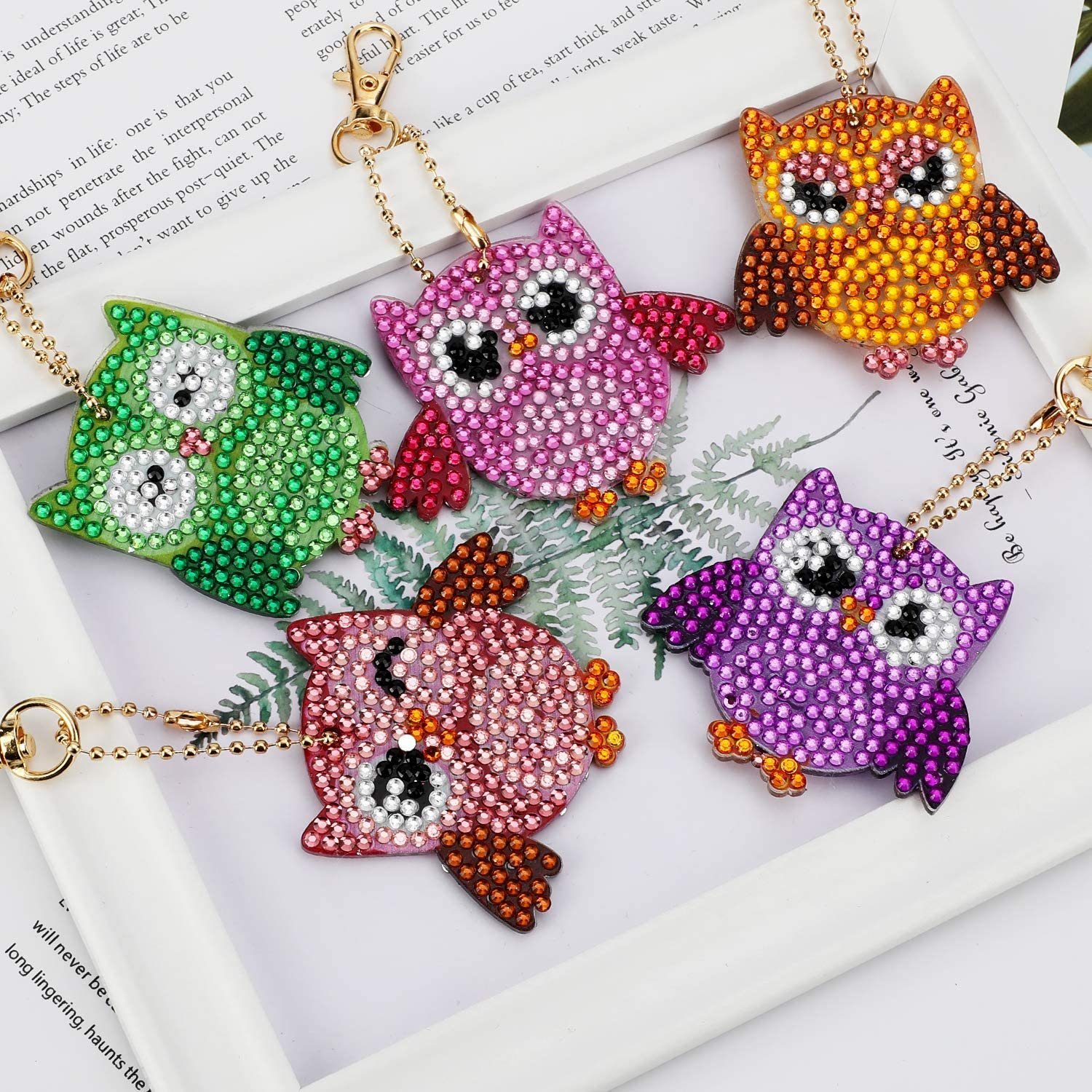 SOTOR Mosaikfliesen 5 Stücke DIY 5D Eule Diamond Art Painting Keychain, Rhinestone Pasted, A, Diamant Malerei Schlüsselbund Stickerei Kunst Handwerk