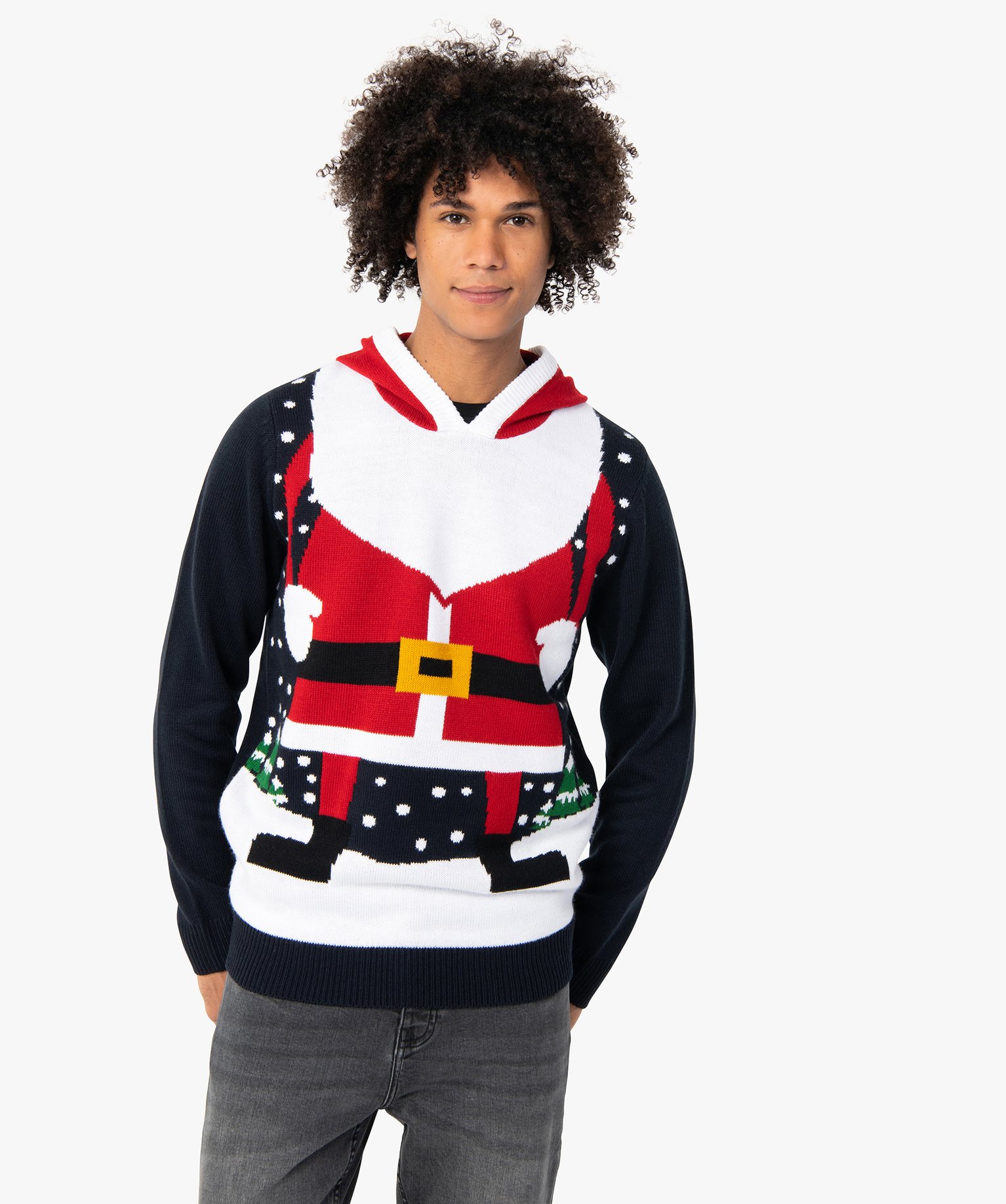 Pull de Nol homme à capuche avec Père Nol bleu | GEMO