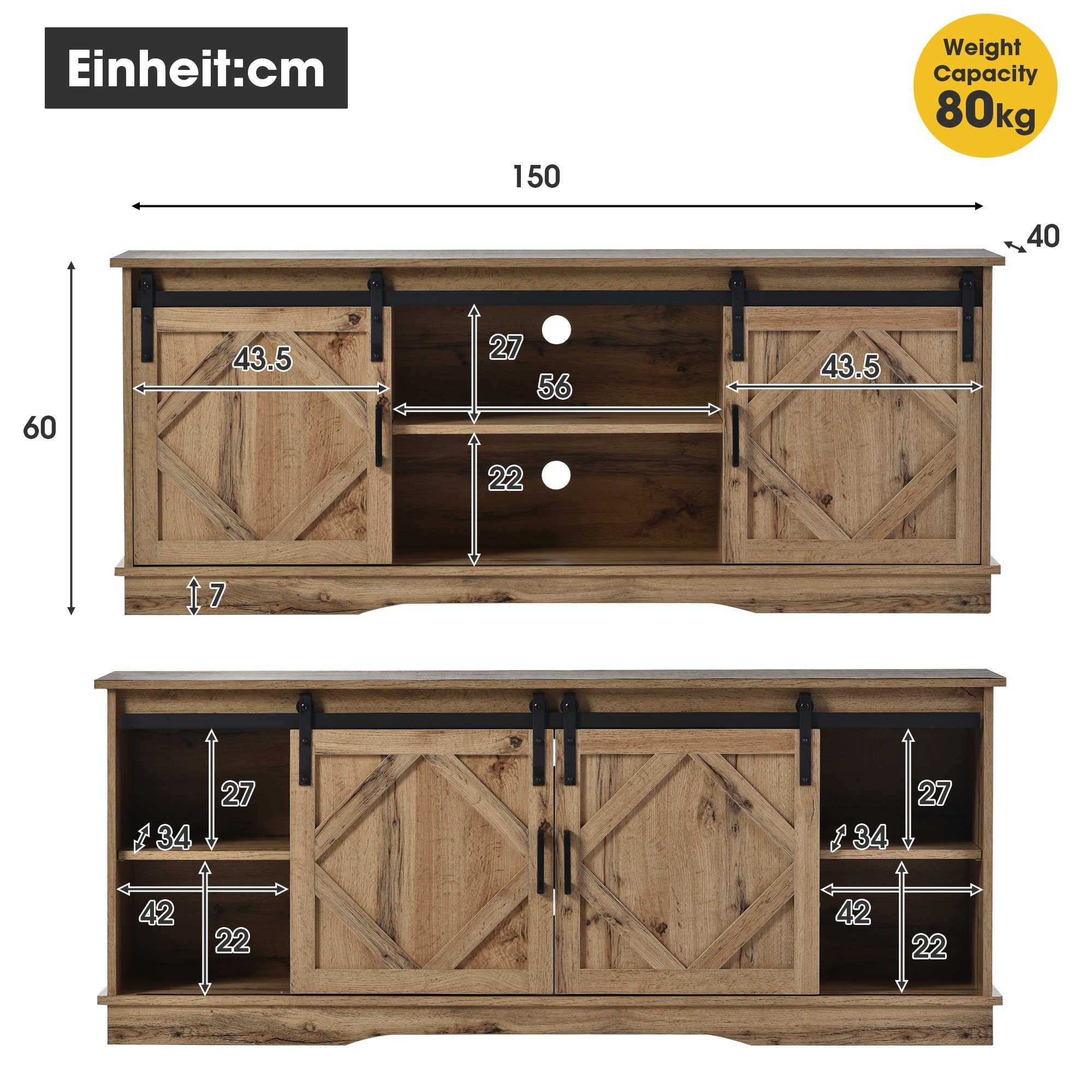OKWISH TV-Schrank TV Stand Sideboard Entertainment Center (vintage Braun Entertainment Center 150*40*60cm, mit 2 klassischen Schiebetüren Einstellbare Regale) für Wohnzimmer Esszimmer Landhaus Modernes Design