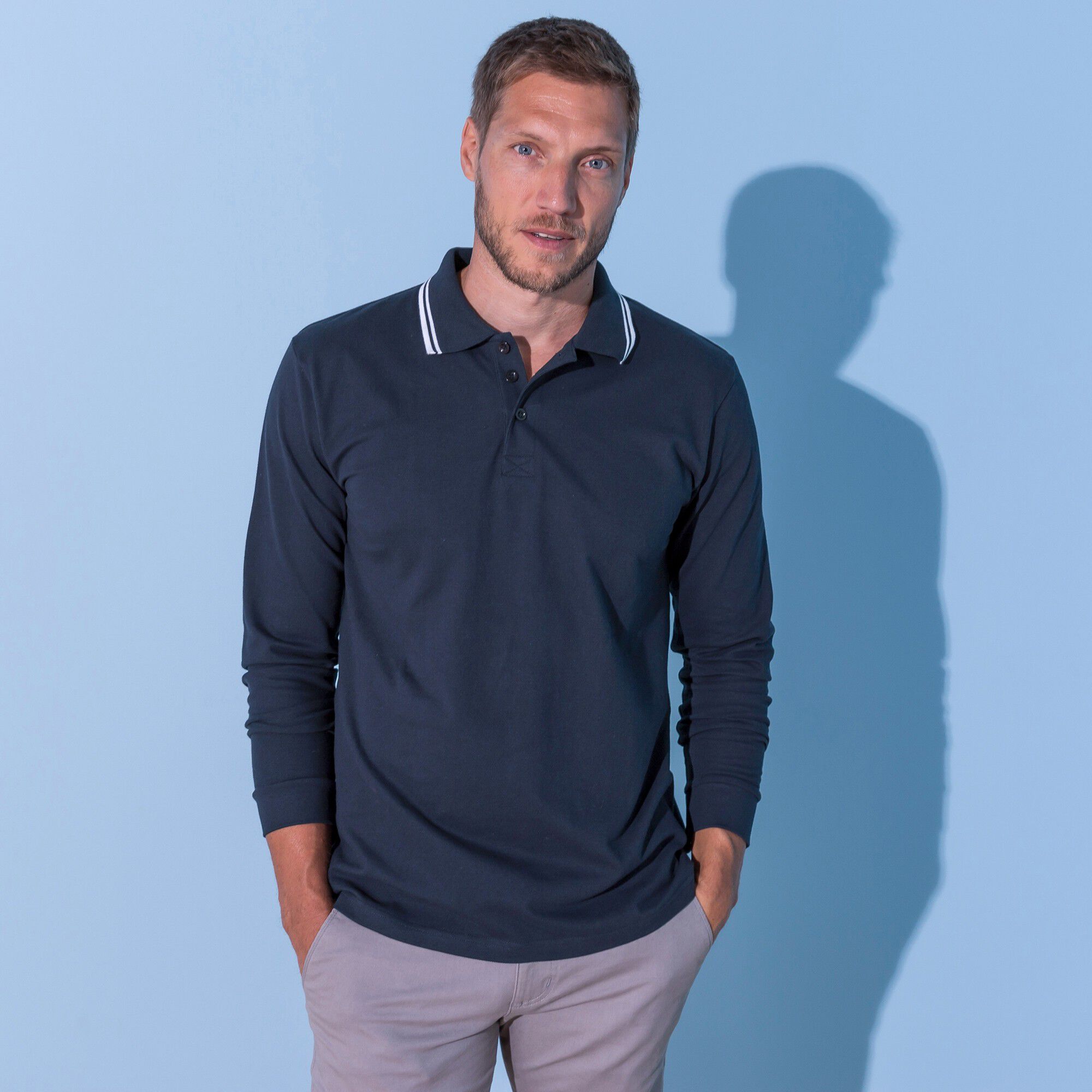 Polo uni maille piquée manches longues
