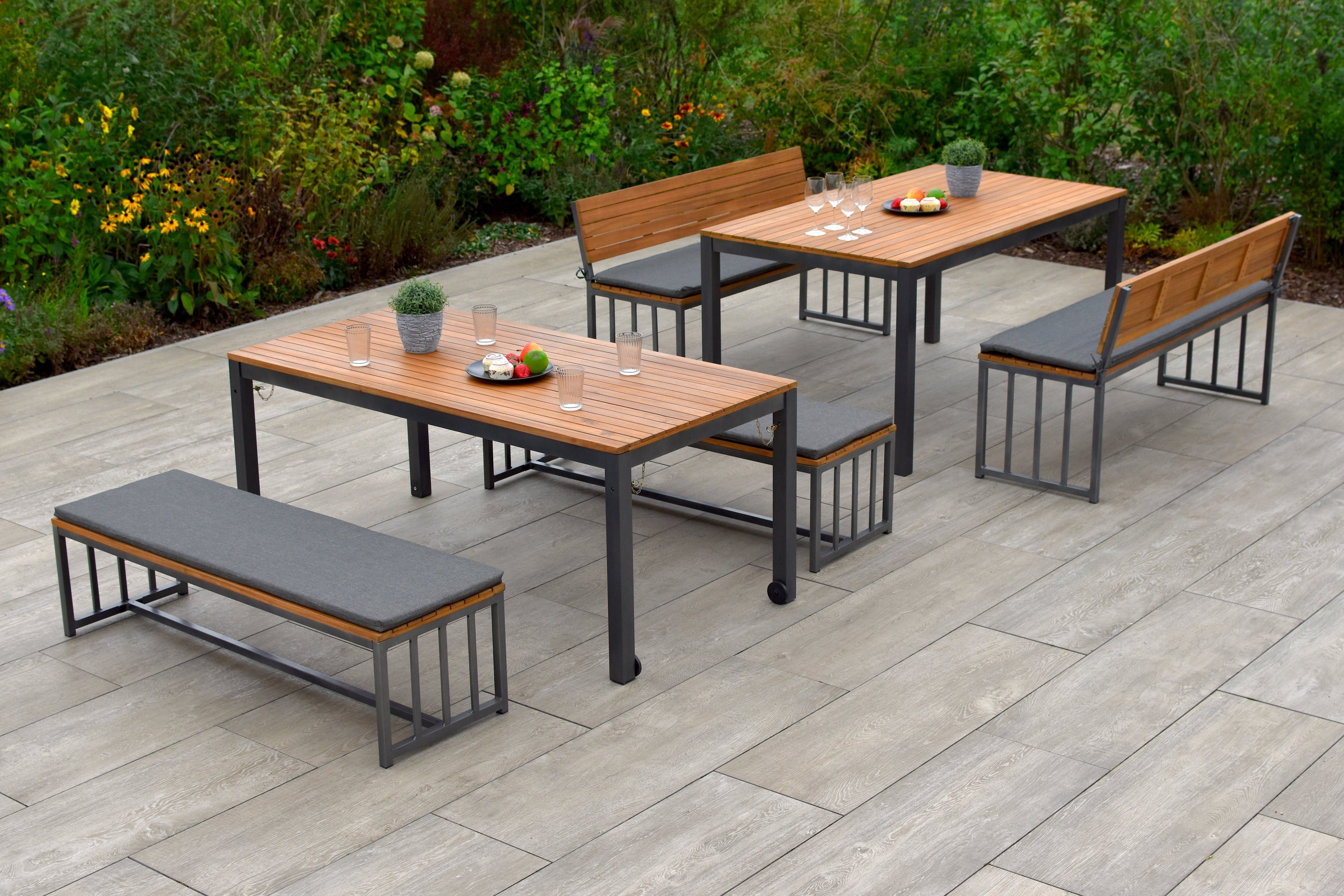 MERXX Garten-Essgruppe Milos, (Set, 10-tlg), 4 Sitzbänke, inkl. Sitzkissen, 2 Tische