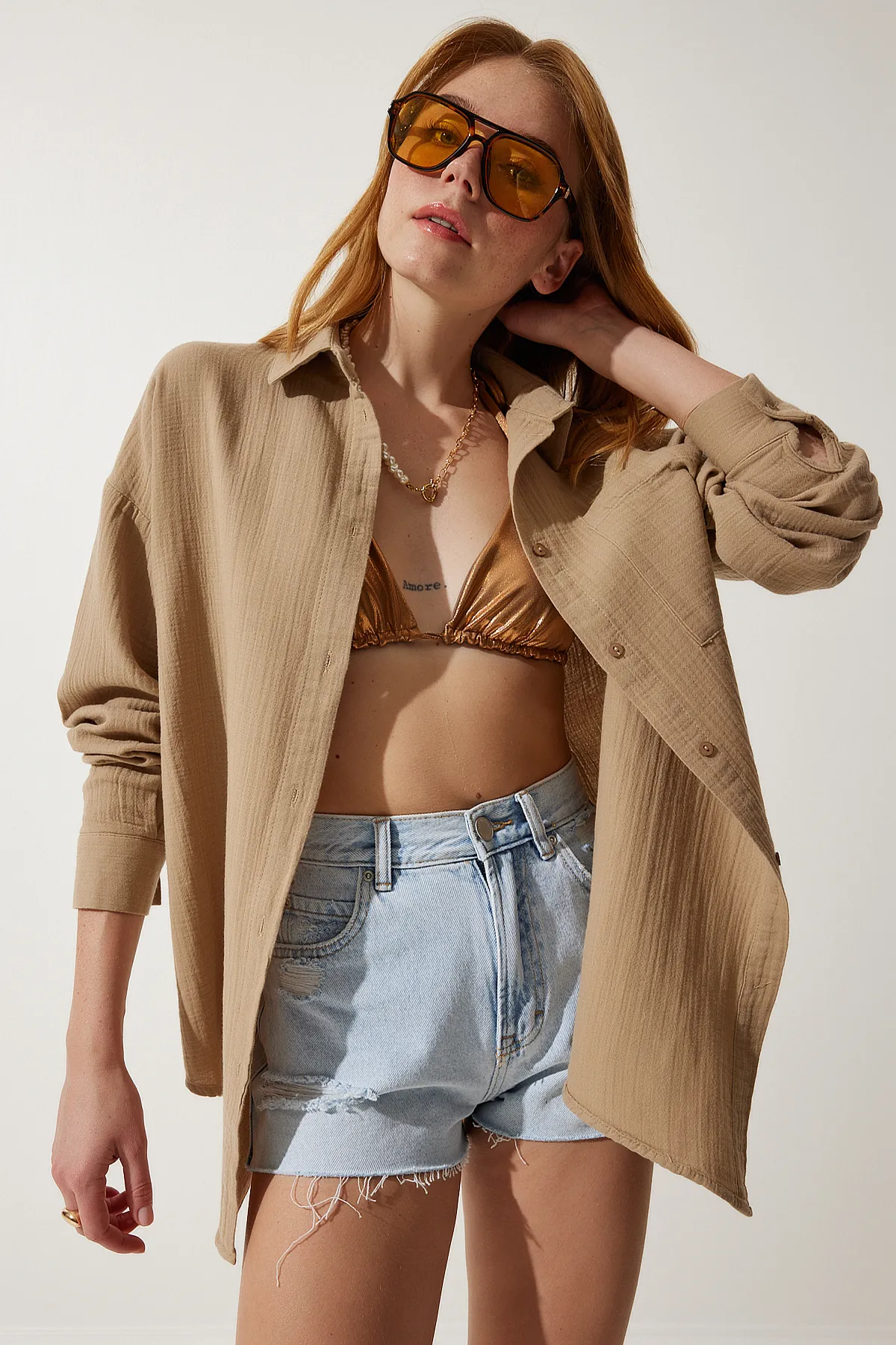 Happiness İstanbul  Hemd - Beige - Oversized