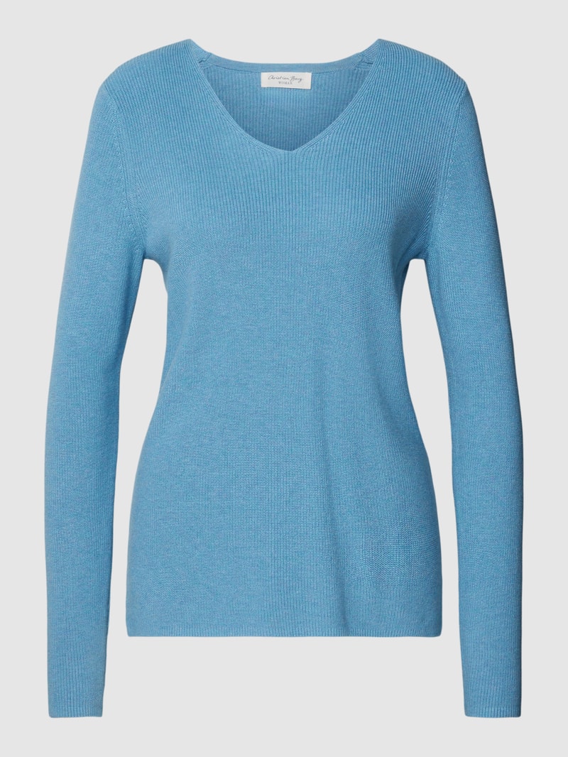 Strickpullover mit abgerundetem V-Ausschnitt in blau meliert