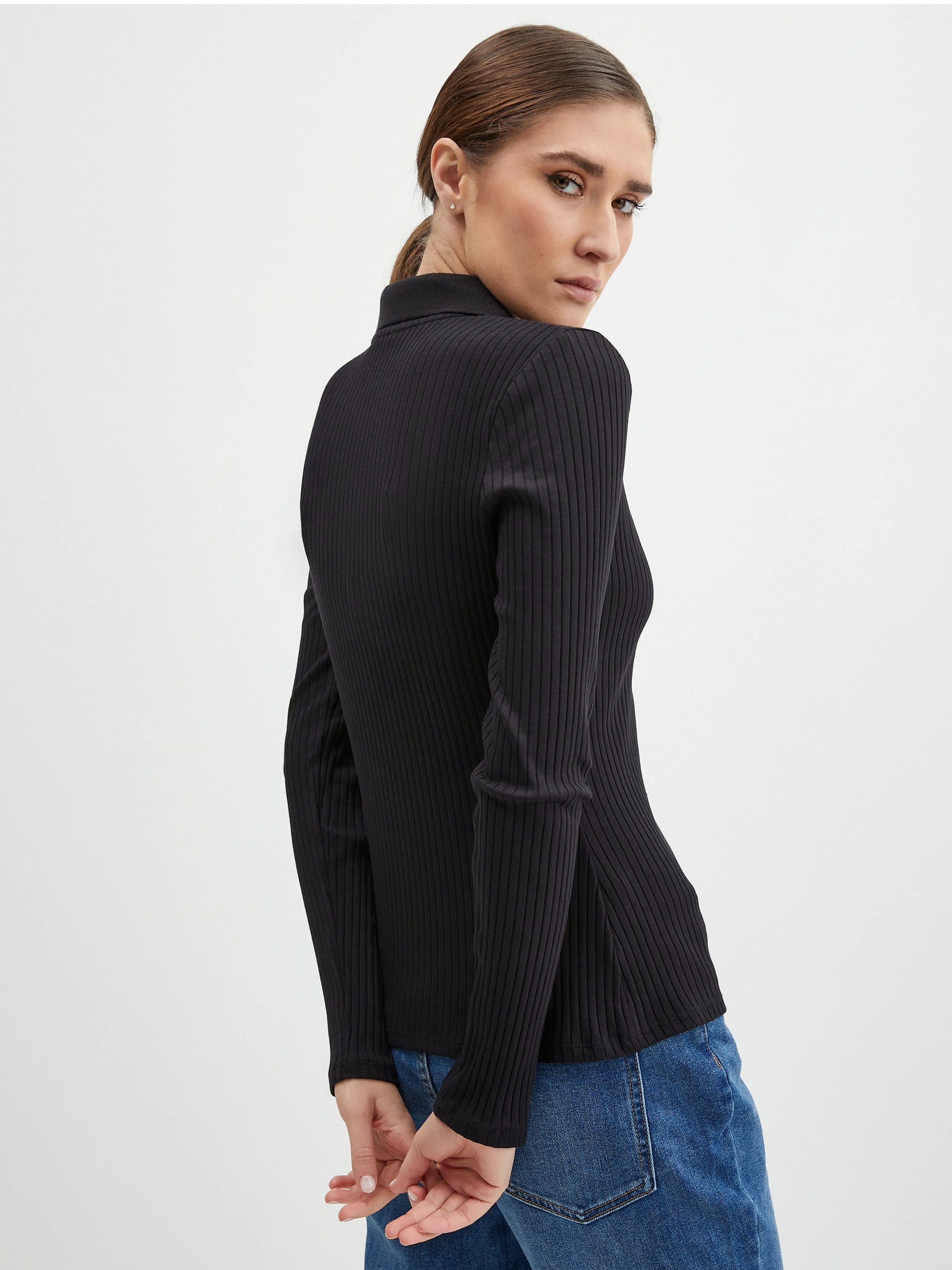 Schwarzes geripptes Damen Poloshirt ORSAY