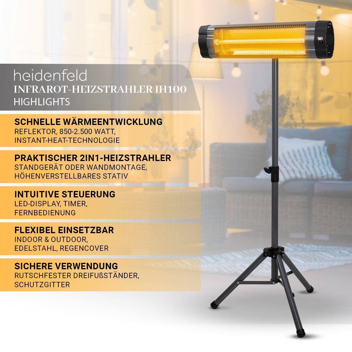 Heidenfeld Heizstrahler Elektro Infrarot Heizstrahler IH100 inkl. Stativ und Fernbedienung, 2500 W, Heizgerät Heizung Terrassenstrahler - 3 Heizstufen - 3 J. Garantie