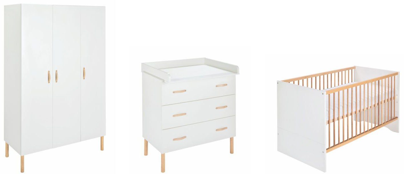 Schardt Babyzimmer-Komplettset Camiel White, (3-St., Kinderbett, Kleiderschrank, Wickelkommode), mit Kinderbett mit Umbauseiten, 3-trg. Schrank und Wickelkommode