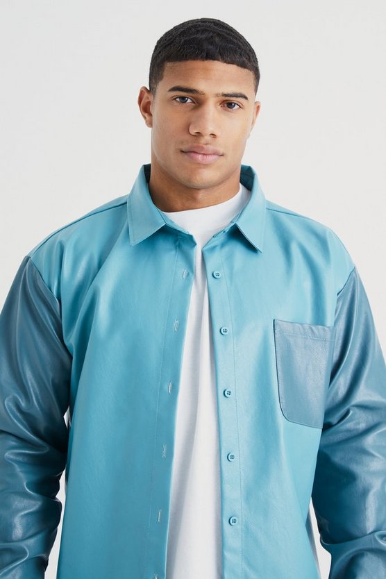 PU Colorblock Overshirt mit Tasche